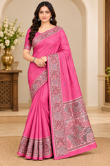 Cotton Royal Blue Designer Saree with Floral Jacquard Border-14 Pcs Set.
