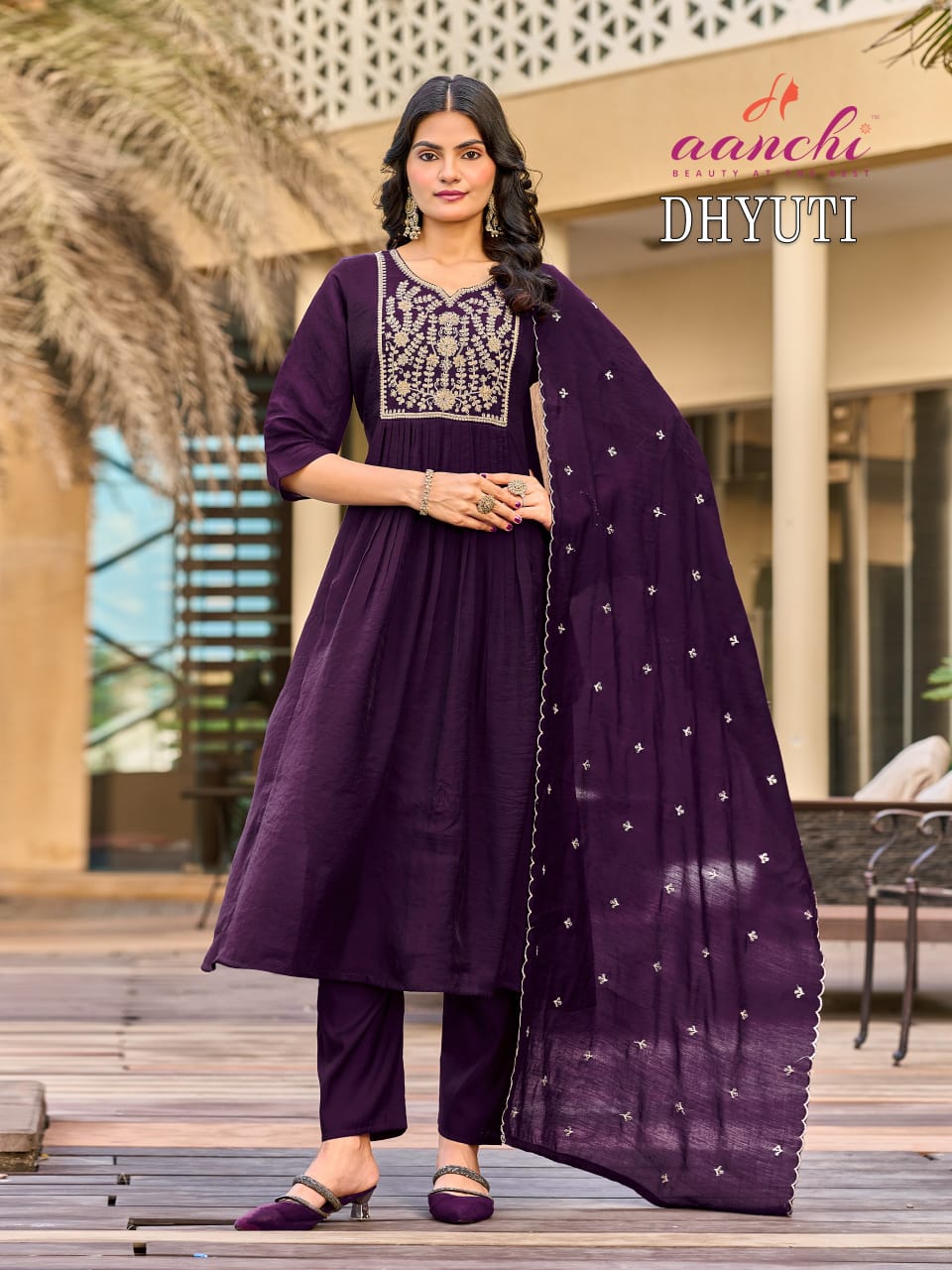 Aanchi Dhyuti Mul Chanderi Kurti Pant Dupatta Set - 3 PCS Set - Embroidered Designer Ethnic Wear - M.R. Saree Emporium