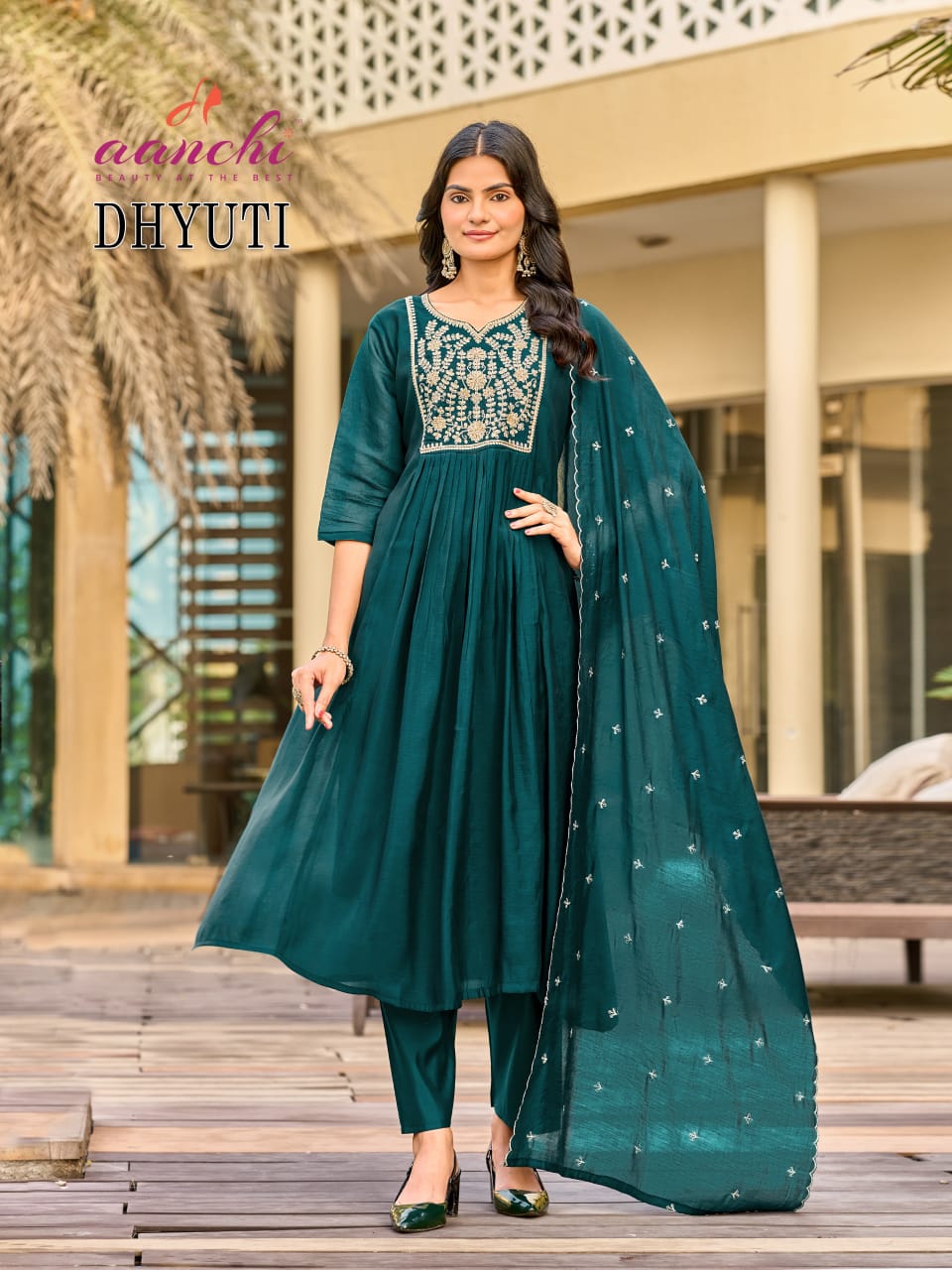 Aanchi Dhyuti Mul Chanderi Kurti Pant Dupatta Set - 3 PCS Set - Embroidered Designer Ethnic Wear - M.R. Saree Emporium
