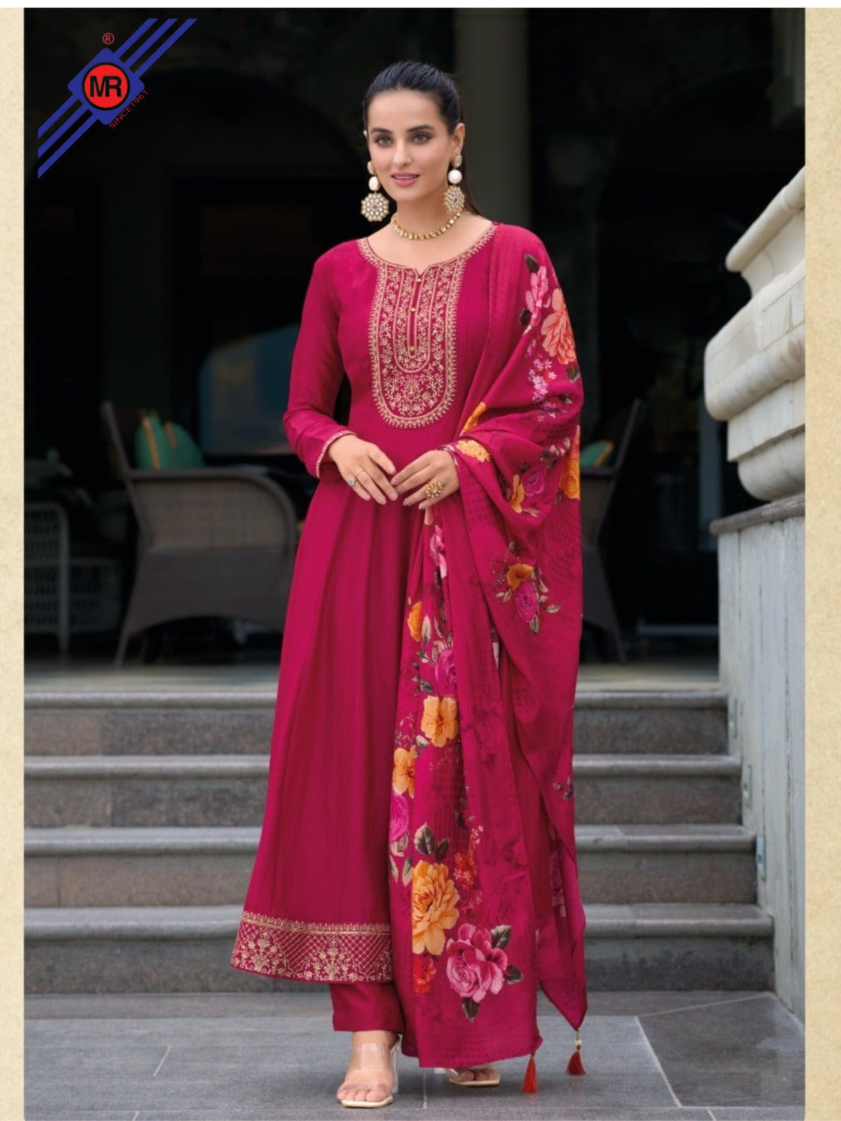 Anarkali Style Vichitra Silk Dress with Jari & Sequins Work | Russian Silk Dupatta – M.R. Saree Emporium