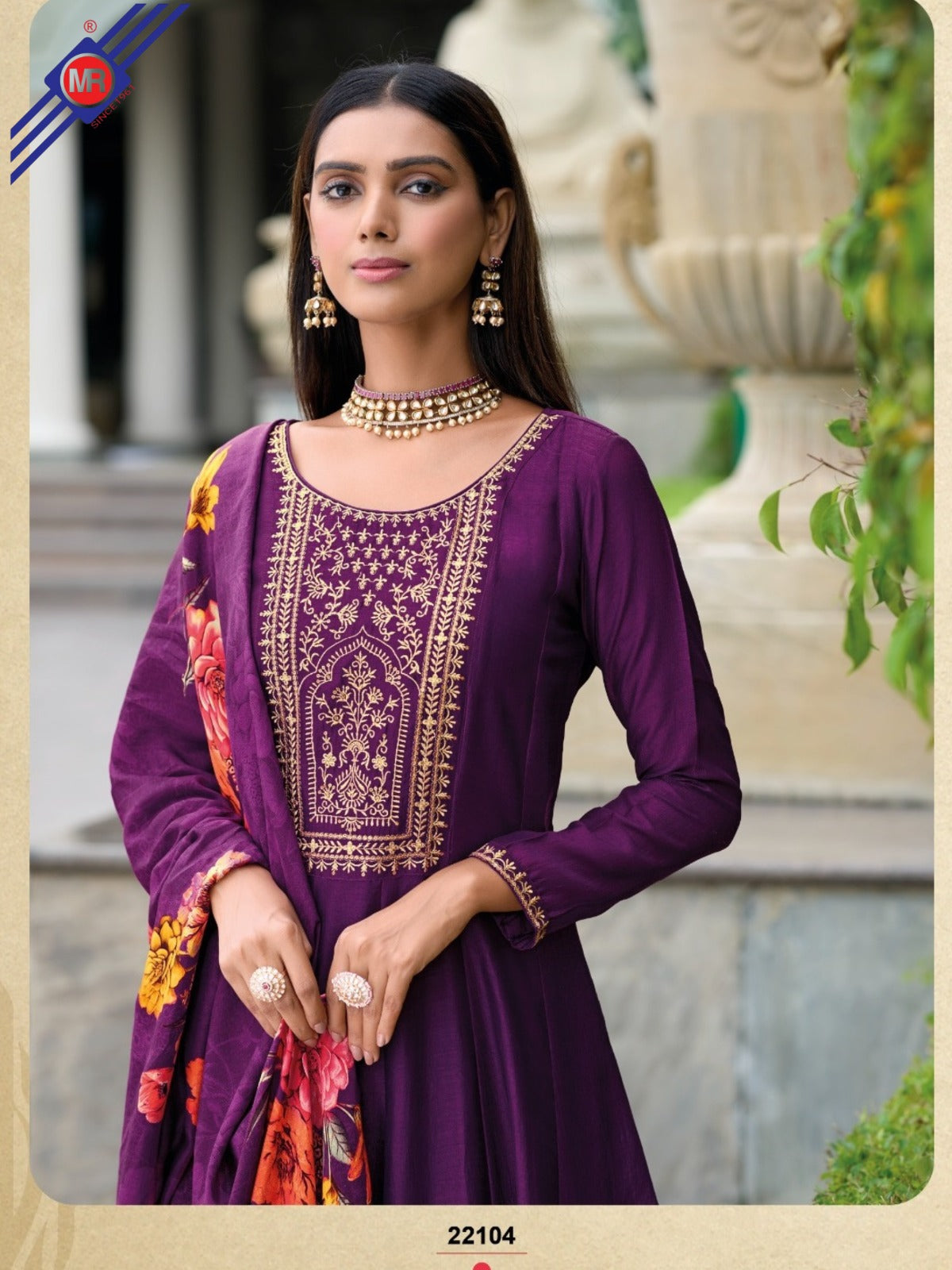 Anarkali Style Vichitra Silk Dress with Jari & Sequins Work | Russian Silk Dupatta – M.R. Saree Emporium