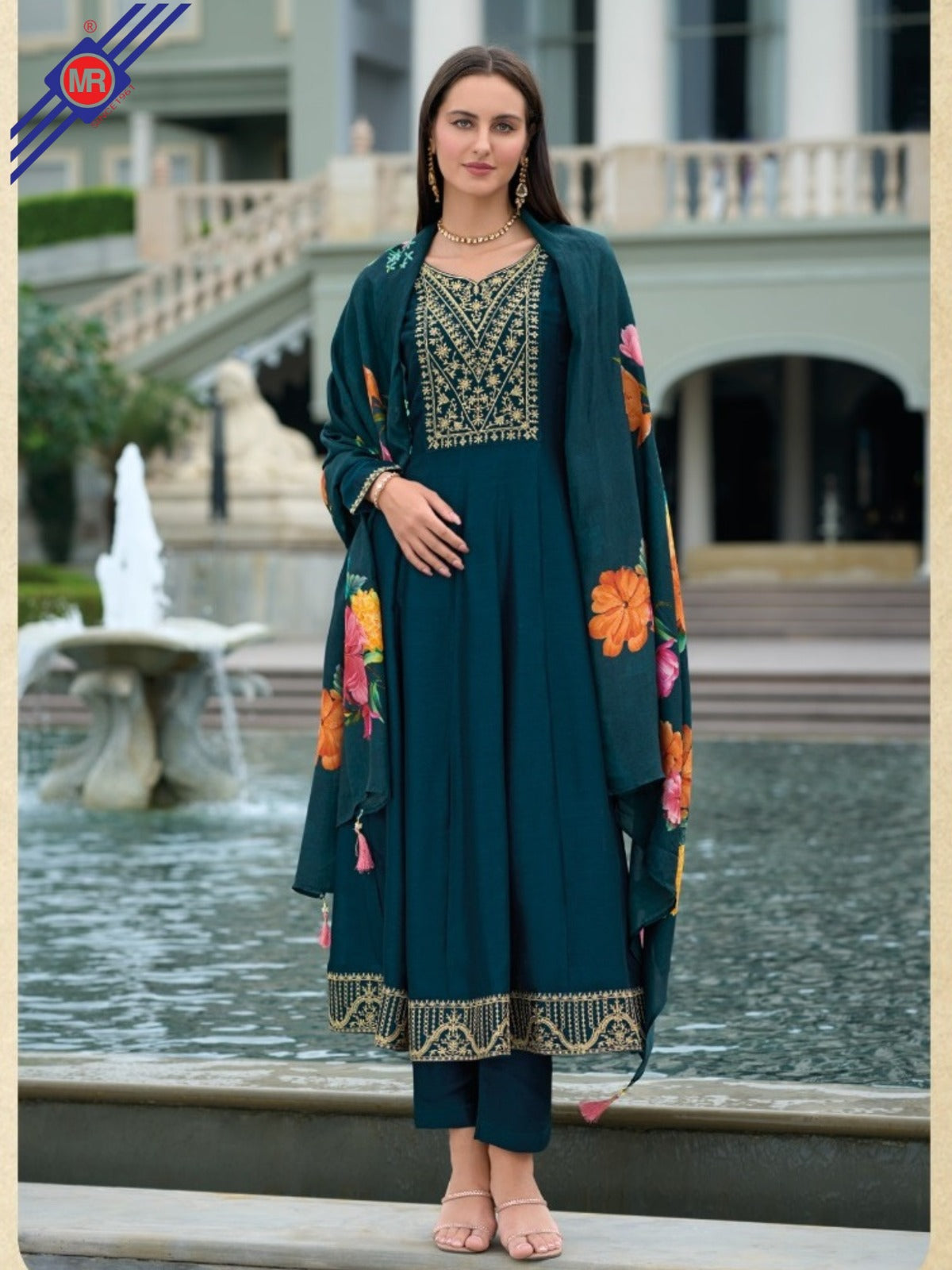 Anarkali Style Vichitra Silk Dress with Jari & Sequins Work | Russian Silk Dupatta – M.R. Saree Emporium