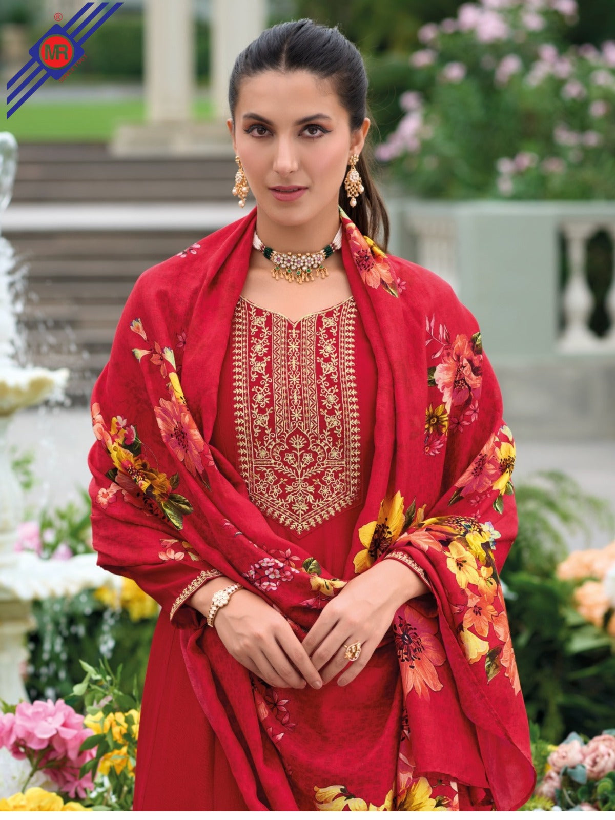 Anarkali Style Vichitra Silk Dress with Jari & Sequins Work | Russian Silk Dupatta – M.R. Saree Emporium