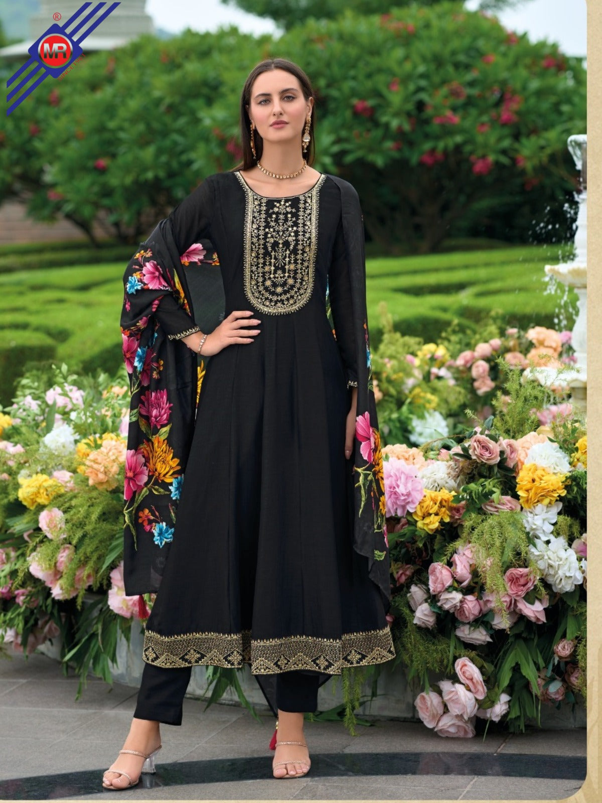 Anarkali Style Vichitra Silk Dress with Jari & Sequins Work | Russian Silk Dupatta – M.R. Saree Emporium