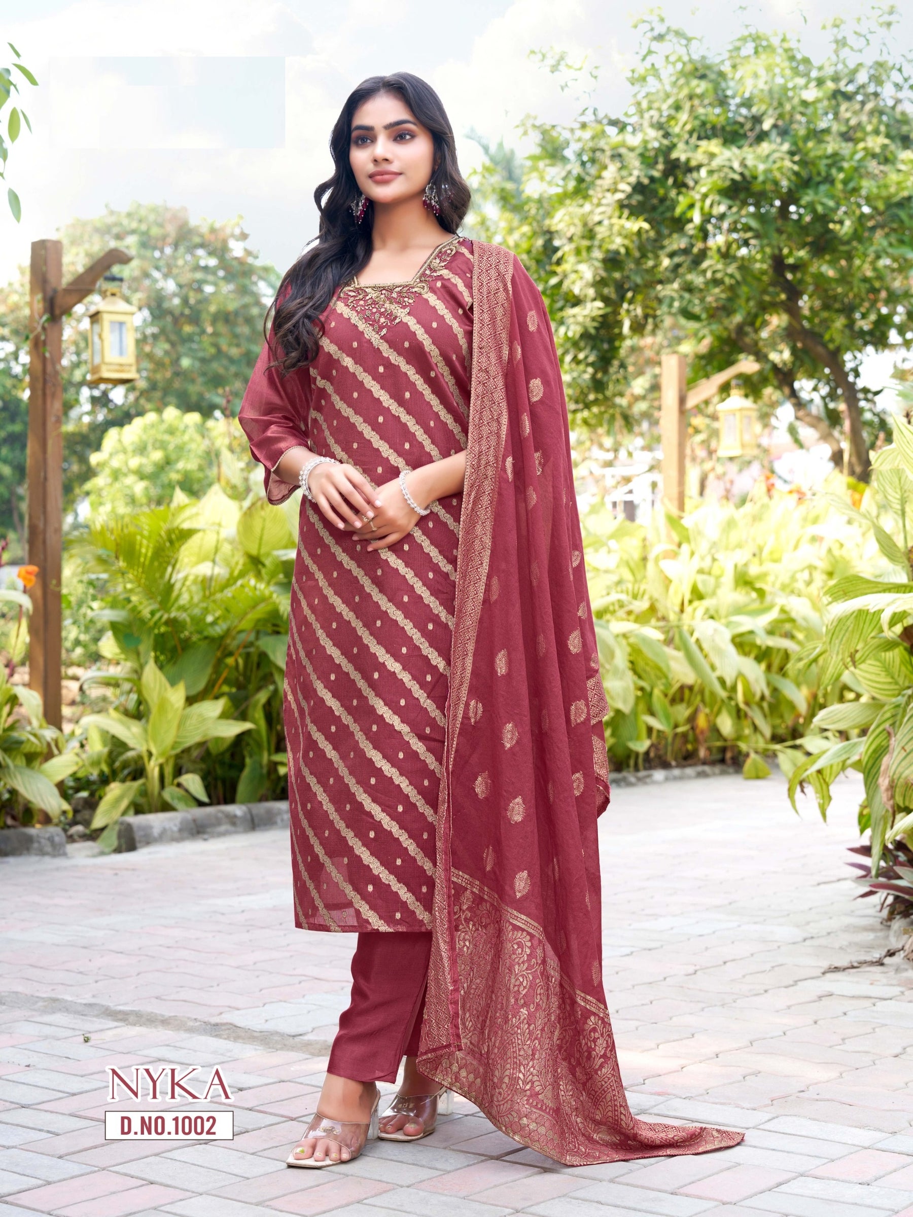 Nyka Straight Cut 3 Pcs Kurti Set (Top + Bottom + Dupatta) – Shimmer Jacquard Butti -M.R. Saree Emporium