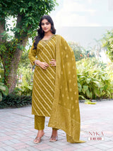 Nyka Straight Cut 3 Pcs Kurti Set (Top + Bottom + Dupatta) – Shimmer Jacquard Butti -M.R. Saree Emporium