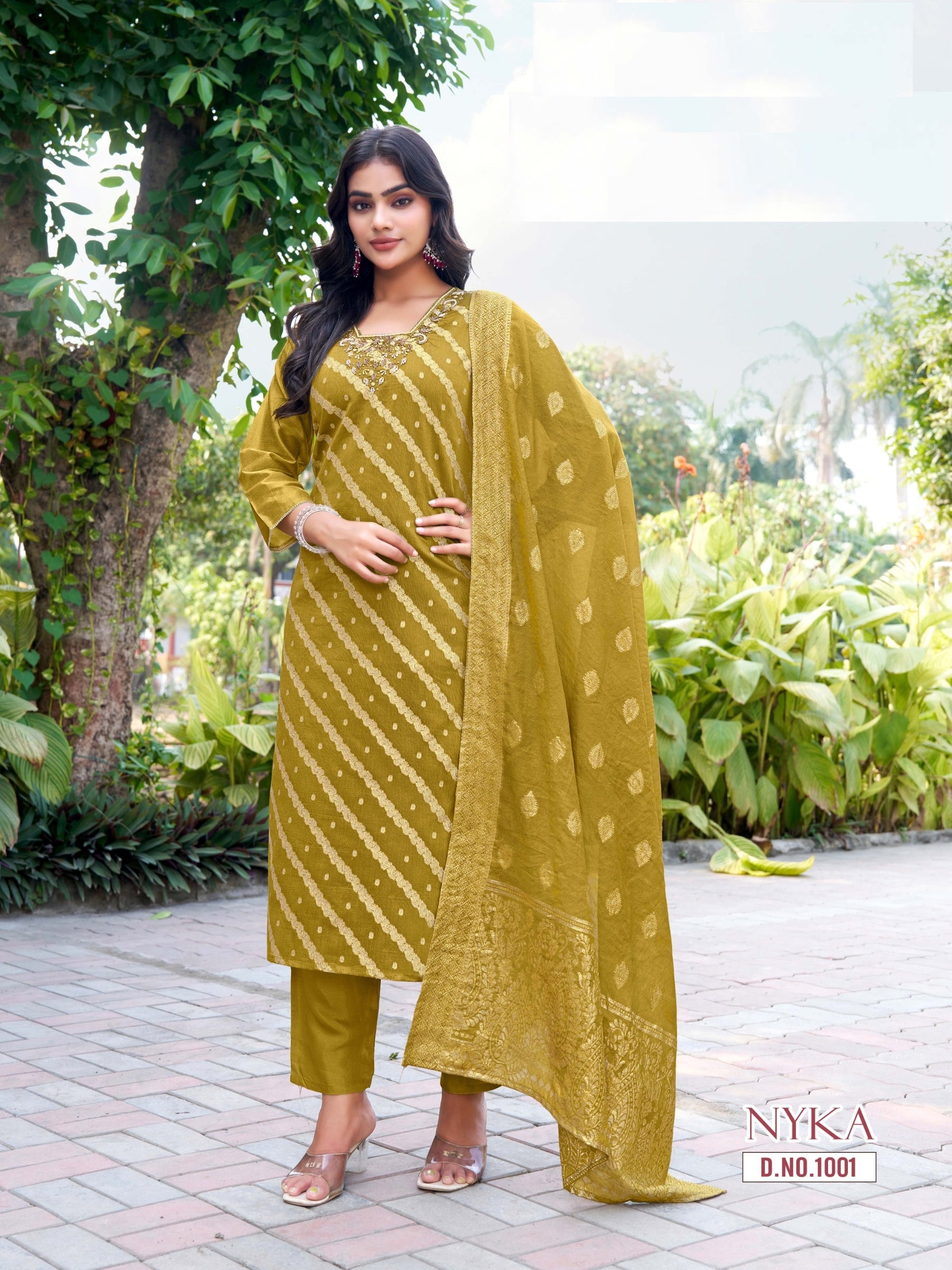 Nyka Straight Cut 3 Pcs Kurti Set (Top + Bottom + Dupatta) – Shimmer Jacquard Butti -M.R. Saree Emporium