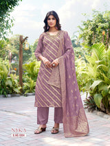 Nyka Straight Cut 3 Pcs Kurti Set (Top + Bottom + Dupatta) – Shimmer Jacquard Butti -M.R. Saree Emporium