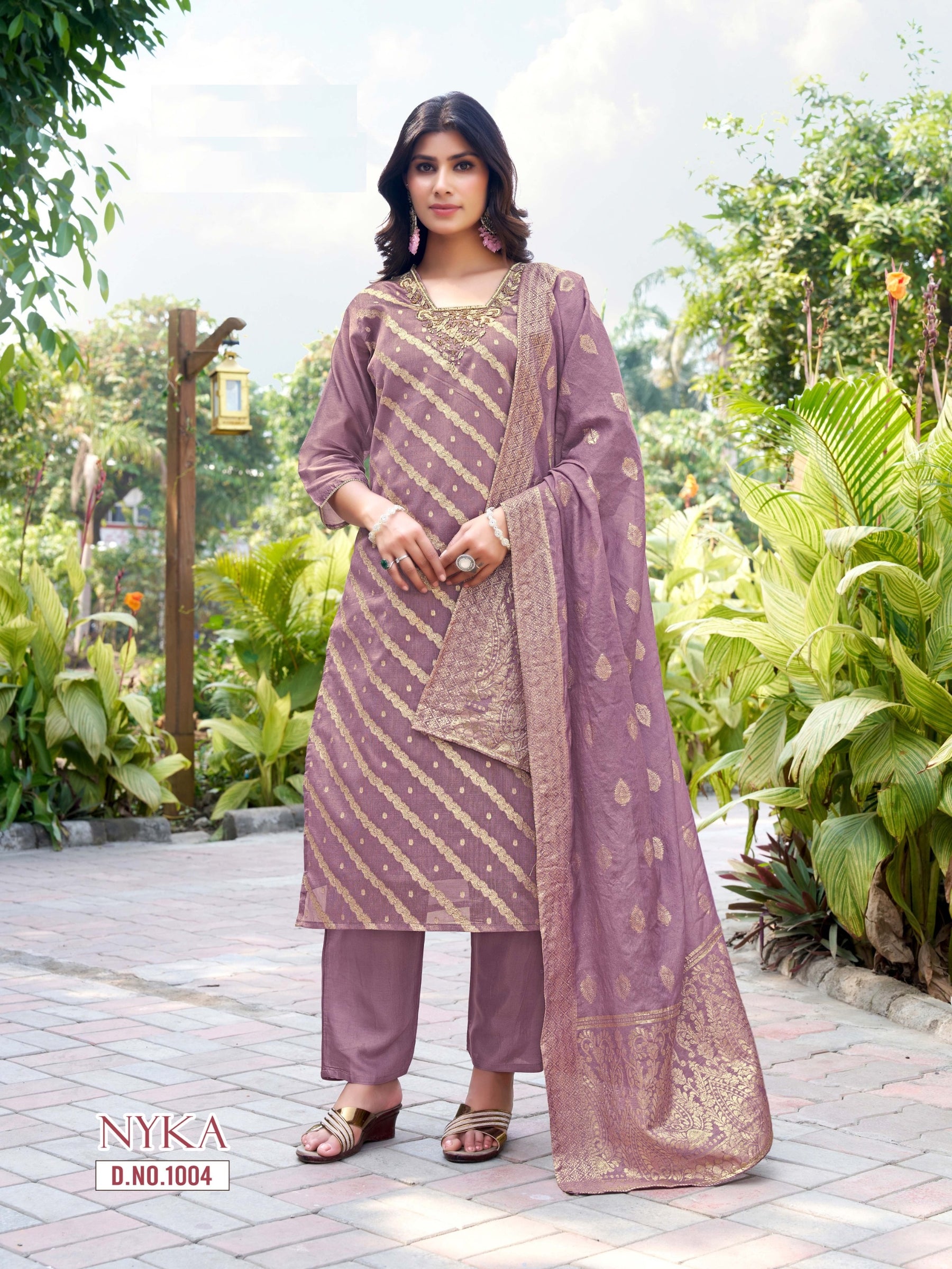 Nyka Straight Cut 3 Pcs Kurti Set (Top + Bottom + Dupatta) – Shimmer Jacquard Butti -M.R. Saree Emporium