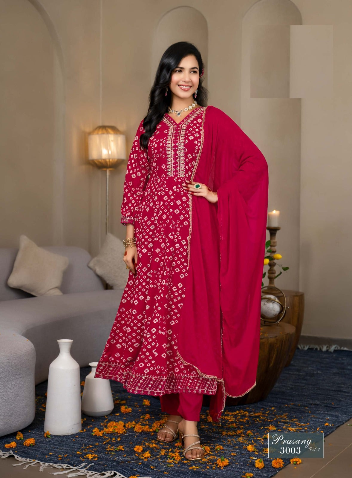 Prasang Vol 3 – Anarkali Gown Set | Heavy Reyon Foil Print with Embroidery | Chinon Dupatta – M.R. Saree Emporium