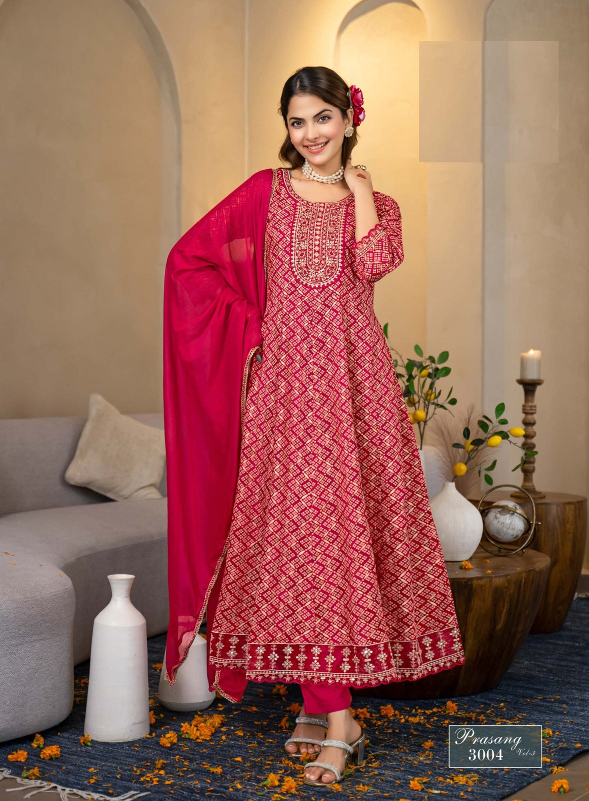 Prasang Vol 3 – Anarkali Gown Set | Heavy Reyon Foil Print with Embroidery | Chinon Dupatta – M.R. Saree Emporium