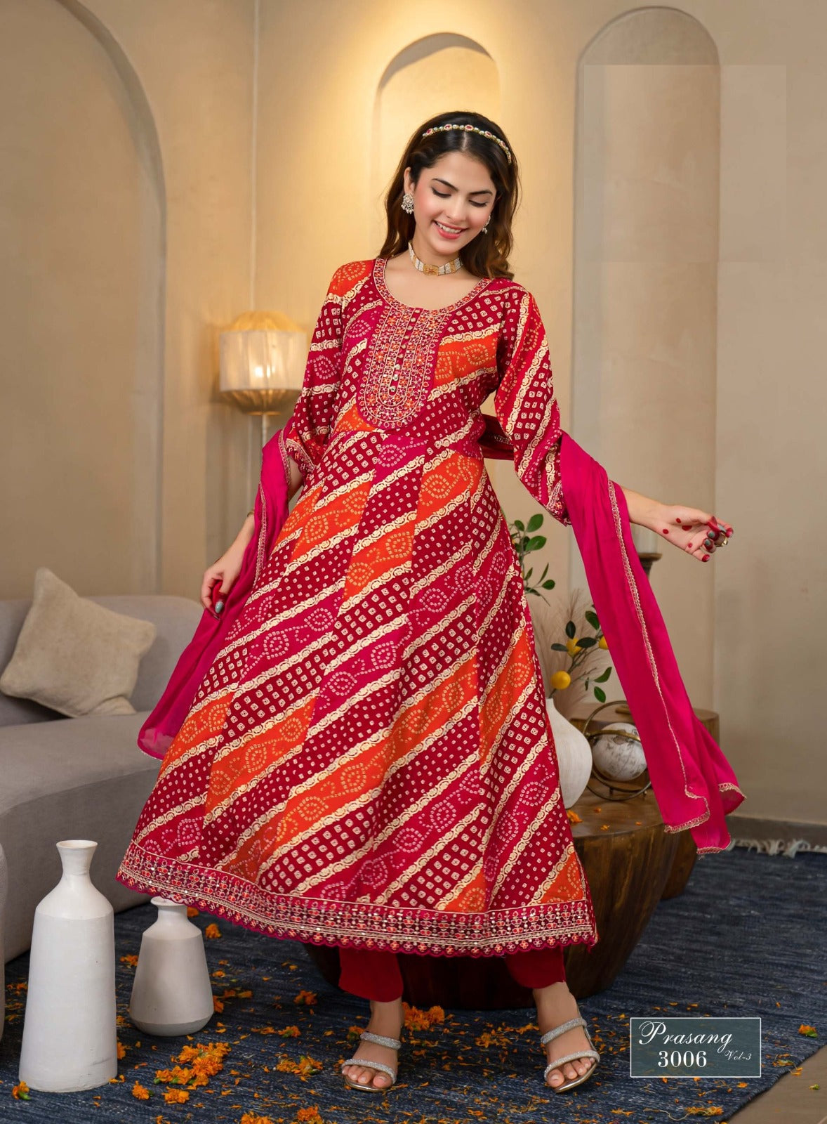 Prasang Vol 3 – Anarkali Gown Set | Heavy Reyon Foil Print with Embroidery | Chinon Dupatta – M.R. Saree Emporium