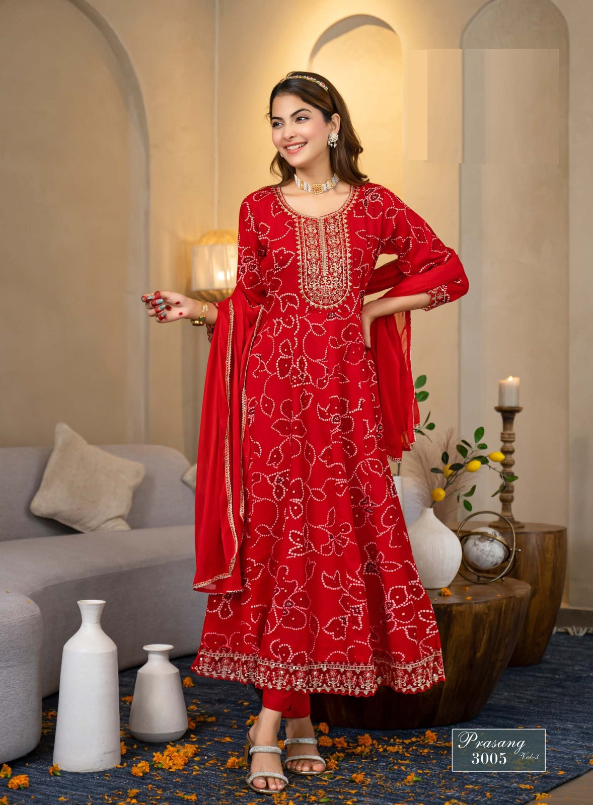 Prasang Vol 3 – Anarkali Gown Set | Heavy Reyon Foil Print with Embroidery | Chinon Dupatta – M.R. Saree Emporium