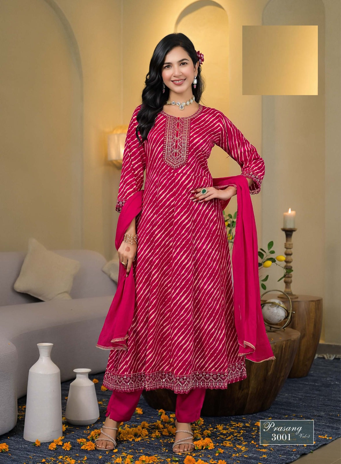 Prasang Vol 3 – Anarkali Gown Set | Heavy Reyon Foil Print with Embroidery | Chinon Dupatta – M.R. Saree Emporium