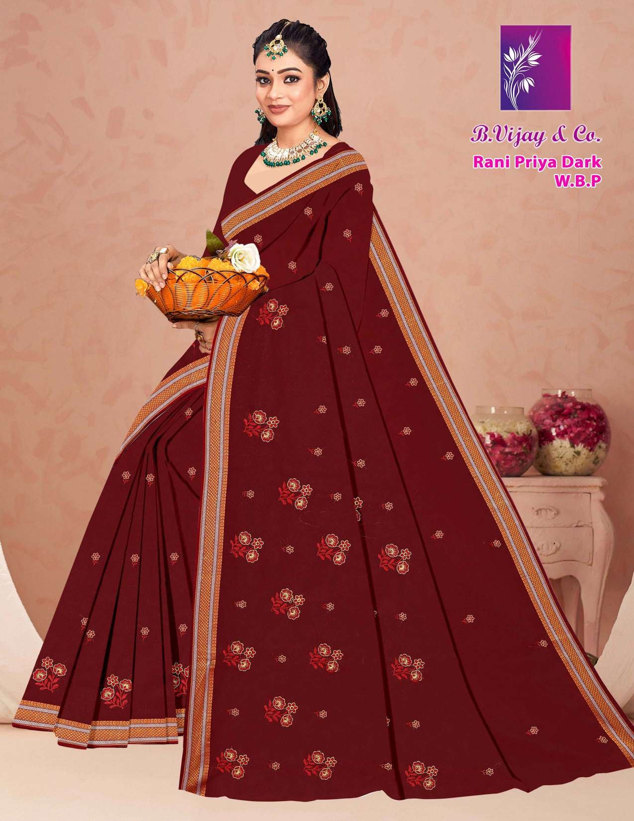 B. Vijay & Co. Rani Priya Dark W.B.P Maroon Printed Cotton Saree – 8 Pcs Set-M.R. Saree Emporium