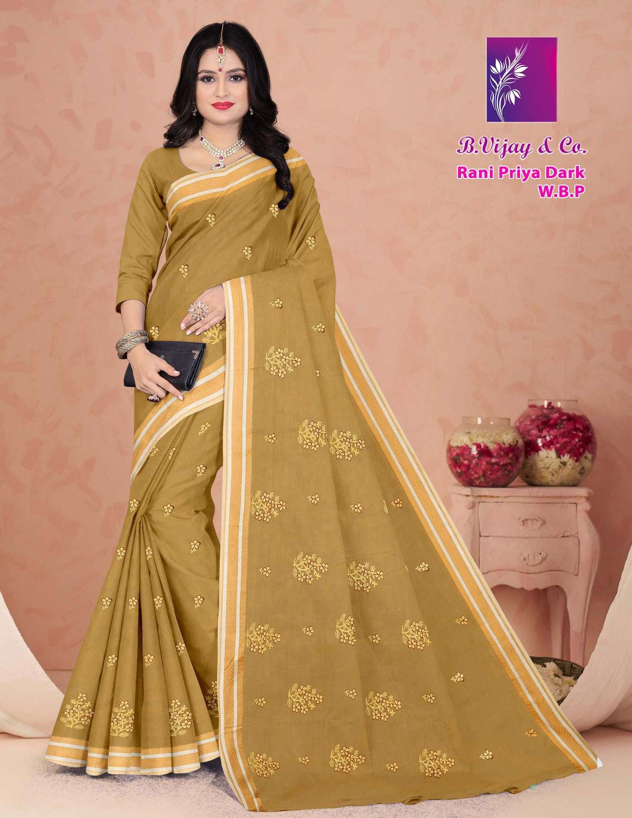 B. Vijay & Co. Rani Priya Dark W.B.P Maroon Printed Cotton Saree – 8 Pcs Set-M.R. Saree Emporium