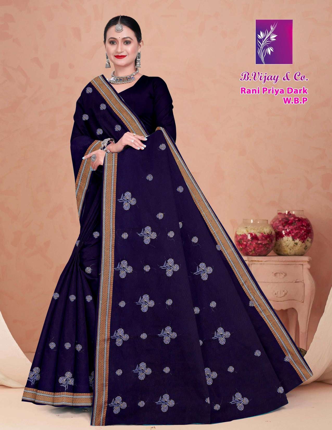 B. Vijay & Co. Rani Priya Dark W.B.P Maroon Printed Cotton Saree – 8 Pcs Set-M.R. Saree Emporium