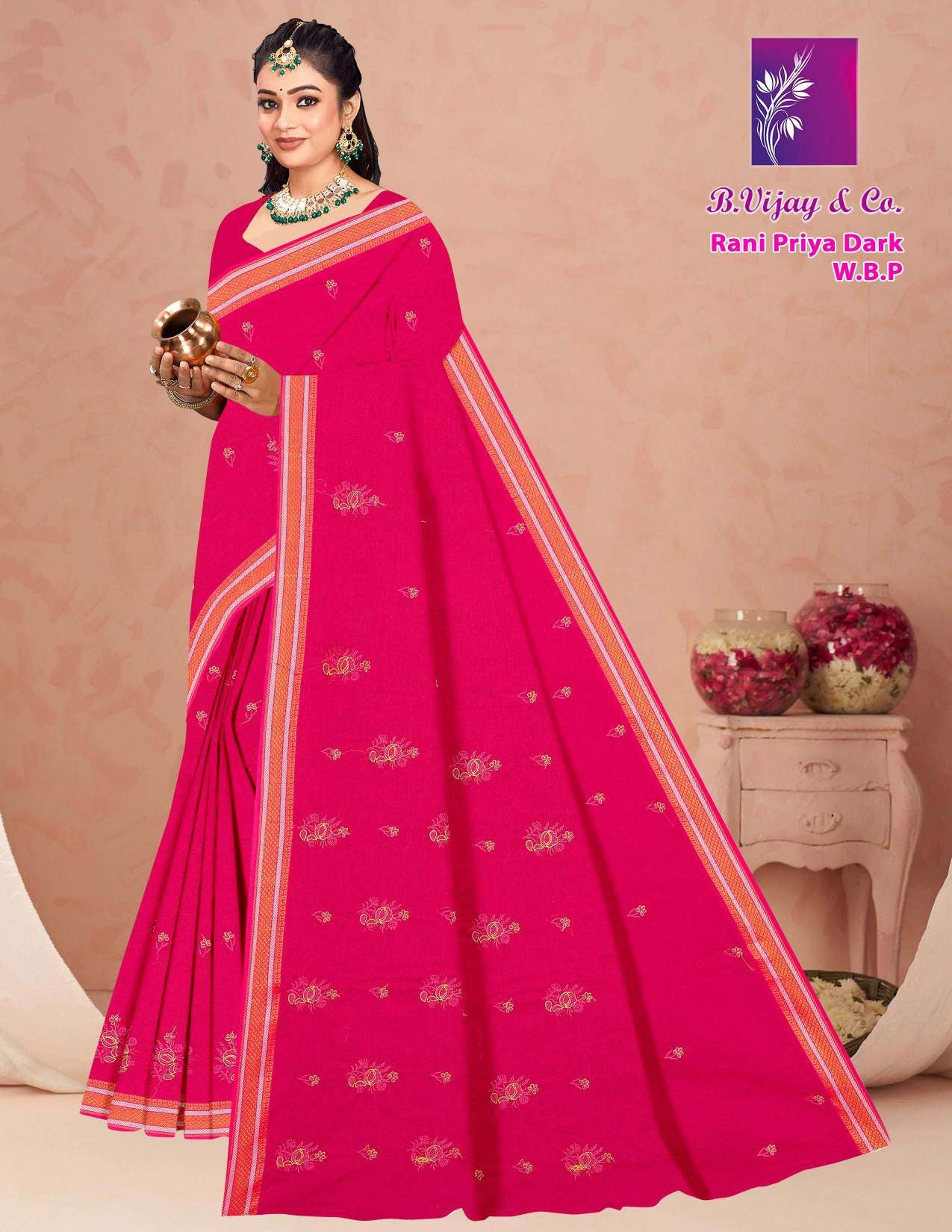 B. Vijay & Co. Rani Priya Dark W.B.P Maroon Printed Cotton Saree – 8 Pcs Set-M.R. Saree Emporium