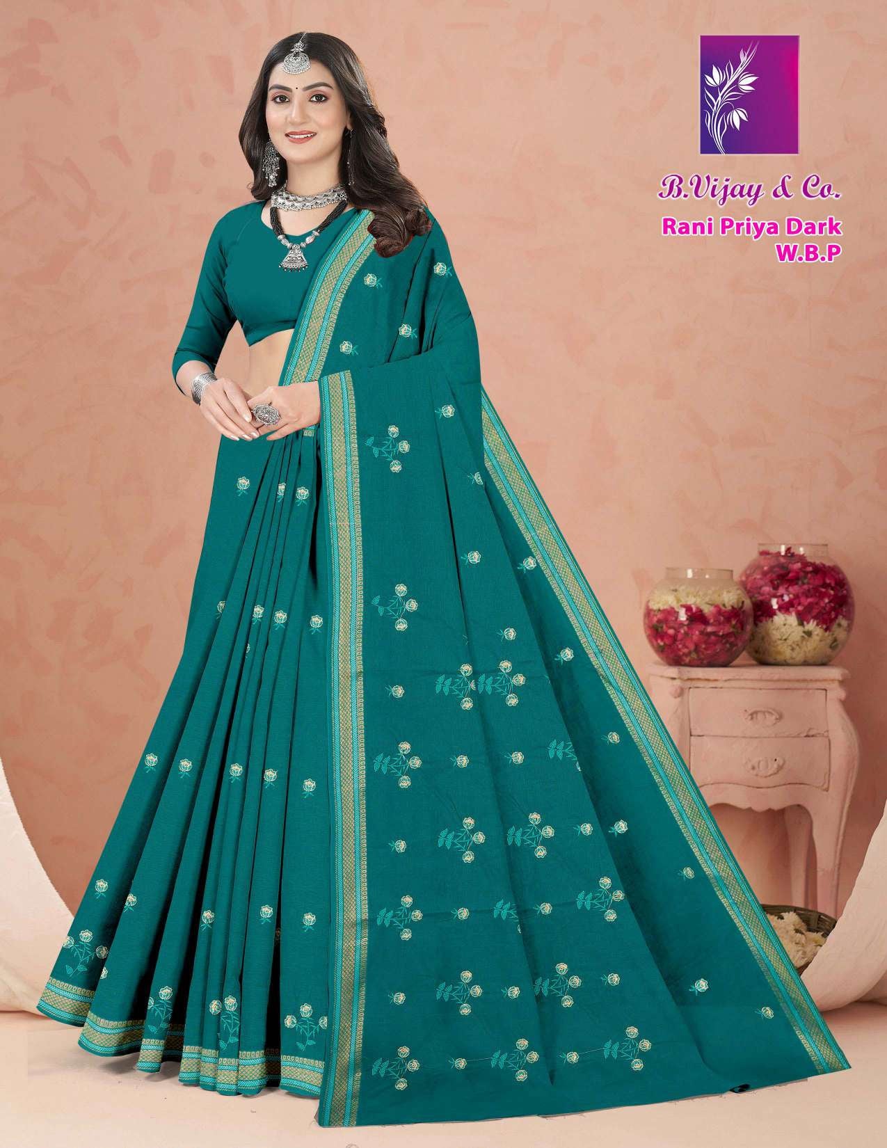 B. Vijay & Co. Rani Priya Dark W.B.P Maroon Printed Cotton Saree – 8 Pcs Set-M.R. Saree Emporium