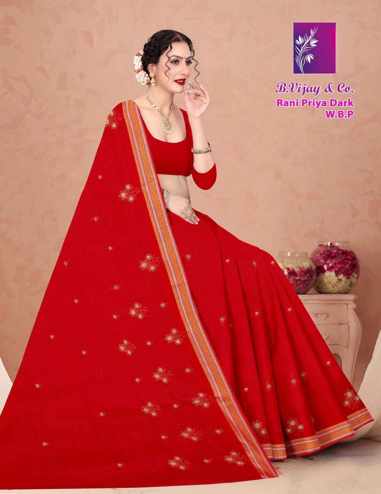 B. Vijay & Co. Rani Priya Dark W.B.P Maroon Printed Cotton Saree – 8 Pcs Set-M.R. Saree Emporium
