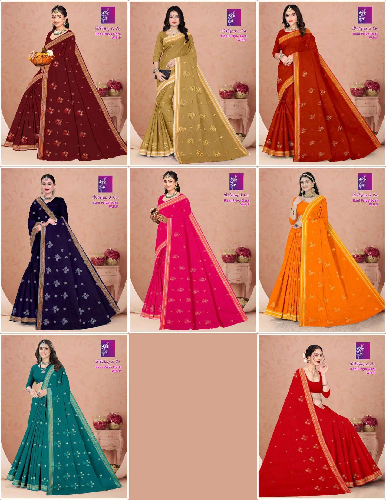 B. Vijay & Co. Rani Priya Dark W.B.P Maroon Printed Cotton Saree – 8 Pcs Set-M.R. Saree Emporium