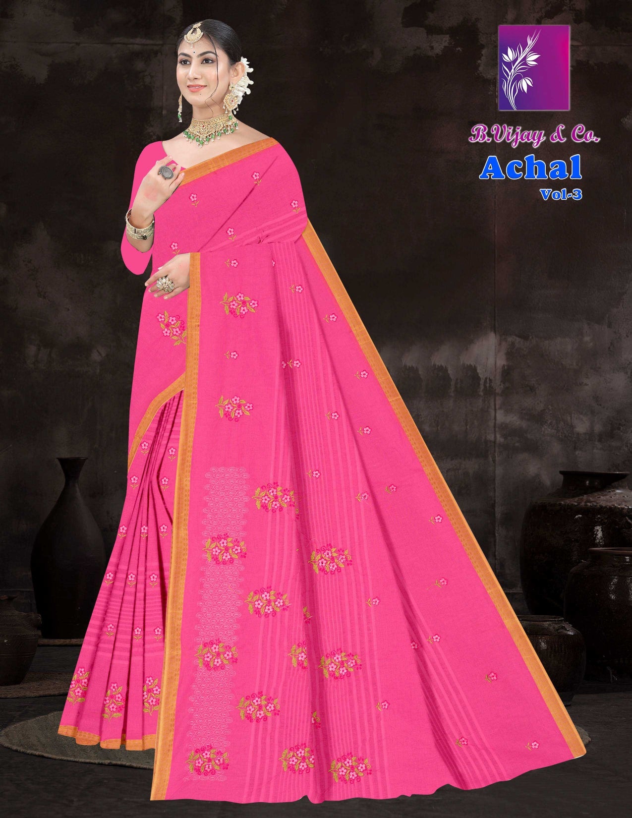 Achal Vol-3 Cotton Saree with Elegant Print Work – 8 Pcs Set -M.R. Saree Emporium