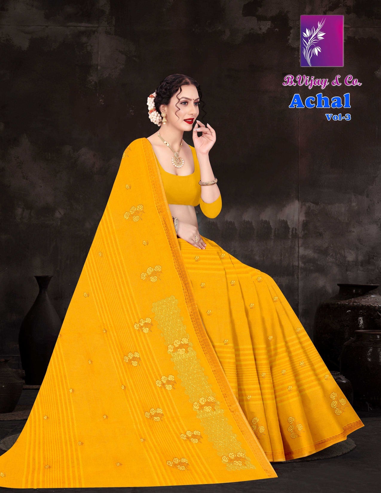 Achal Vol-3 Cotton Saree with Elegant Print Work – 8 Pcs Set -M.R. Saree Emporium