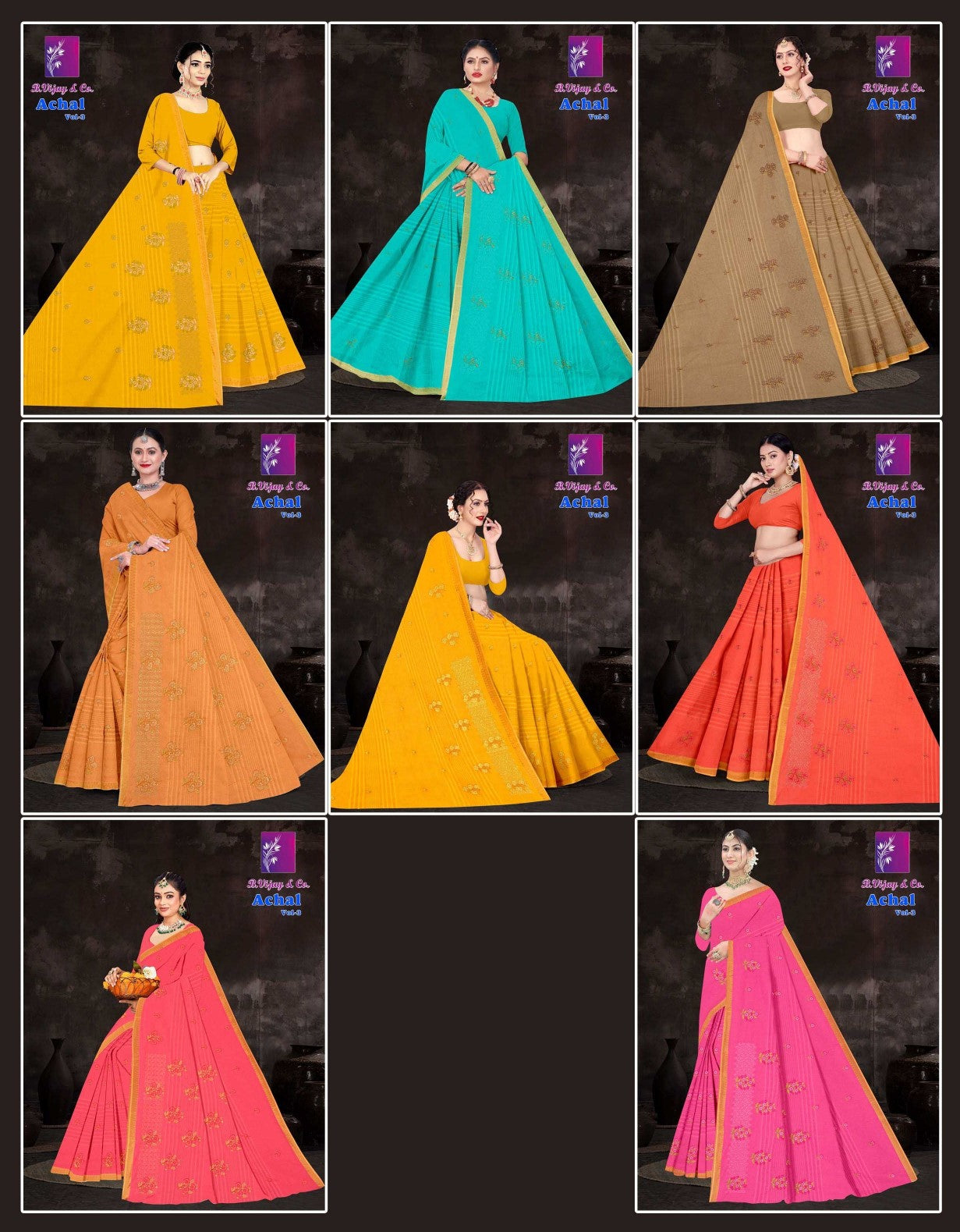 Achal Vol-3 Cotton Saree with Elegant Print Work – 8 Pcs Set -M.R. Saree Emporium