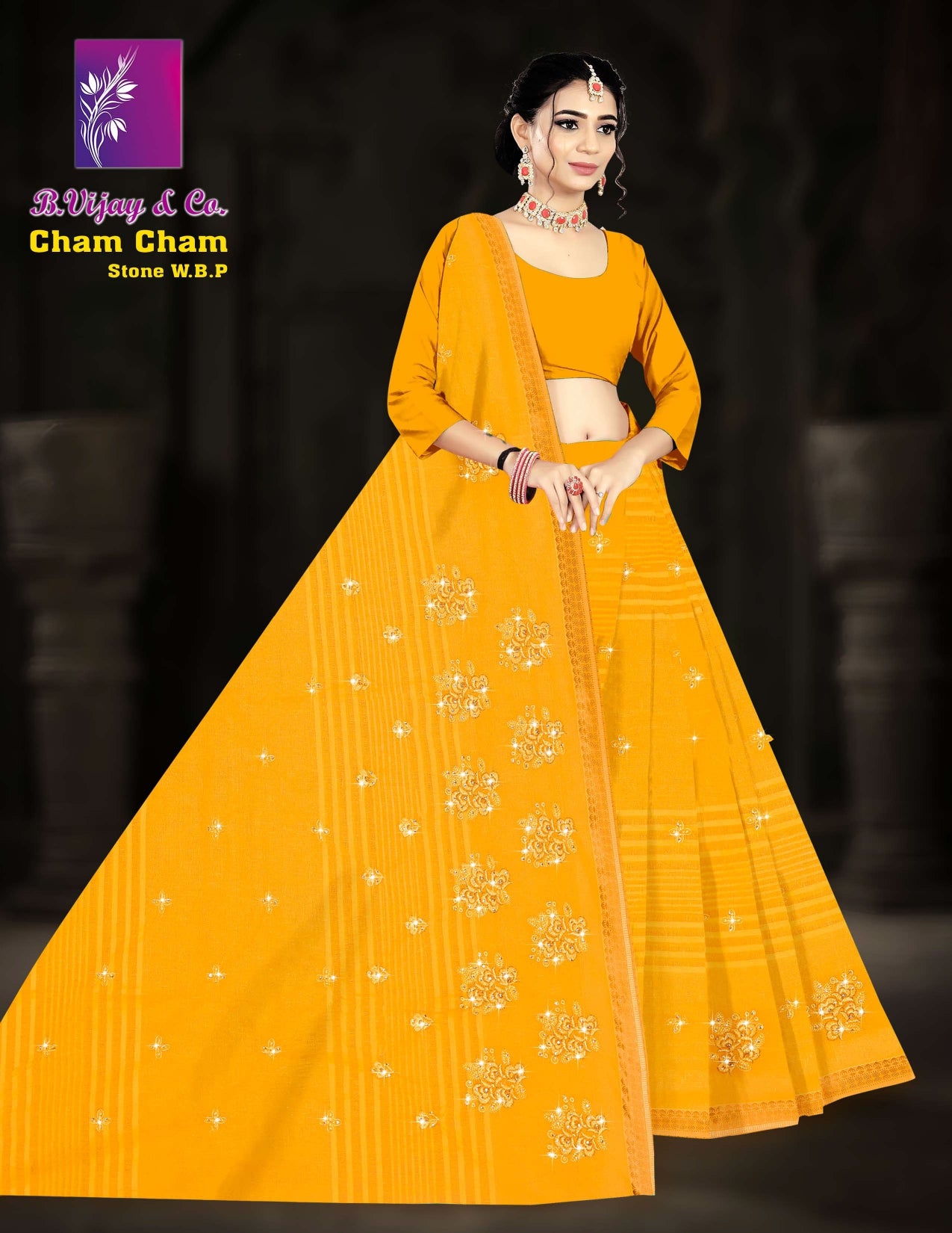 Pure Cotton Cham Cham Stone W.B.P Saree with Golden Border – 8 Pcs Set Festive & Party Wear-M.R. Saree Emporium