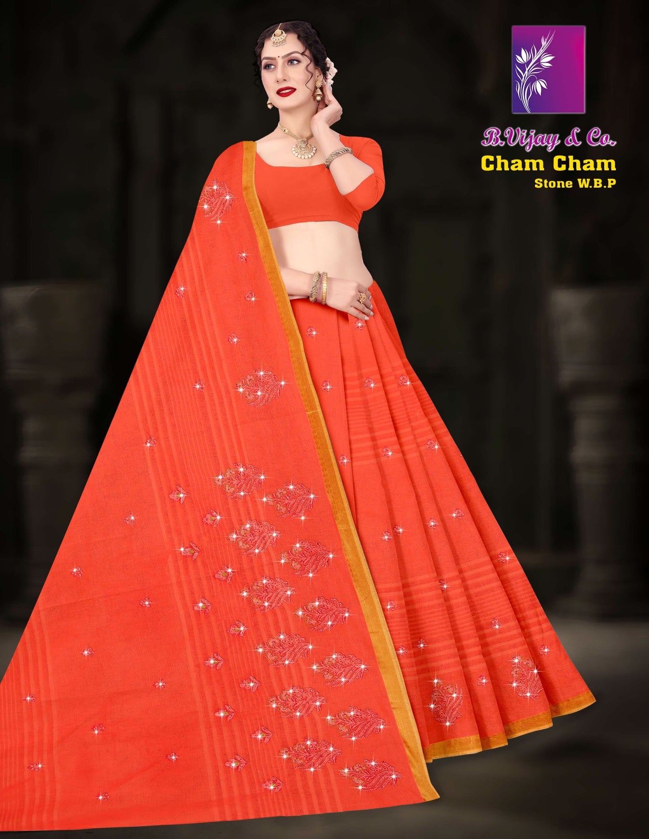 Pure Cotton Cham Cham Stone W.B.P Saree with Golden Border – 8 Pcs Set Festive & Party Wear-M.R. Saree Emporium