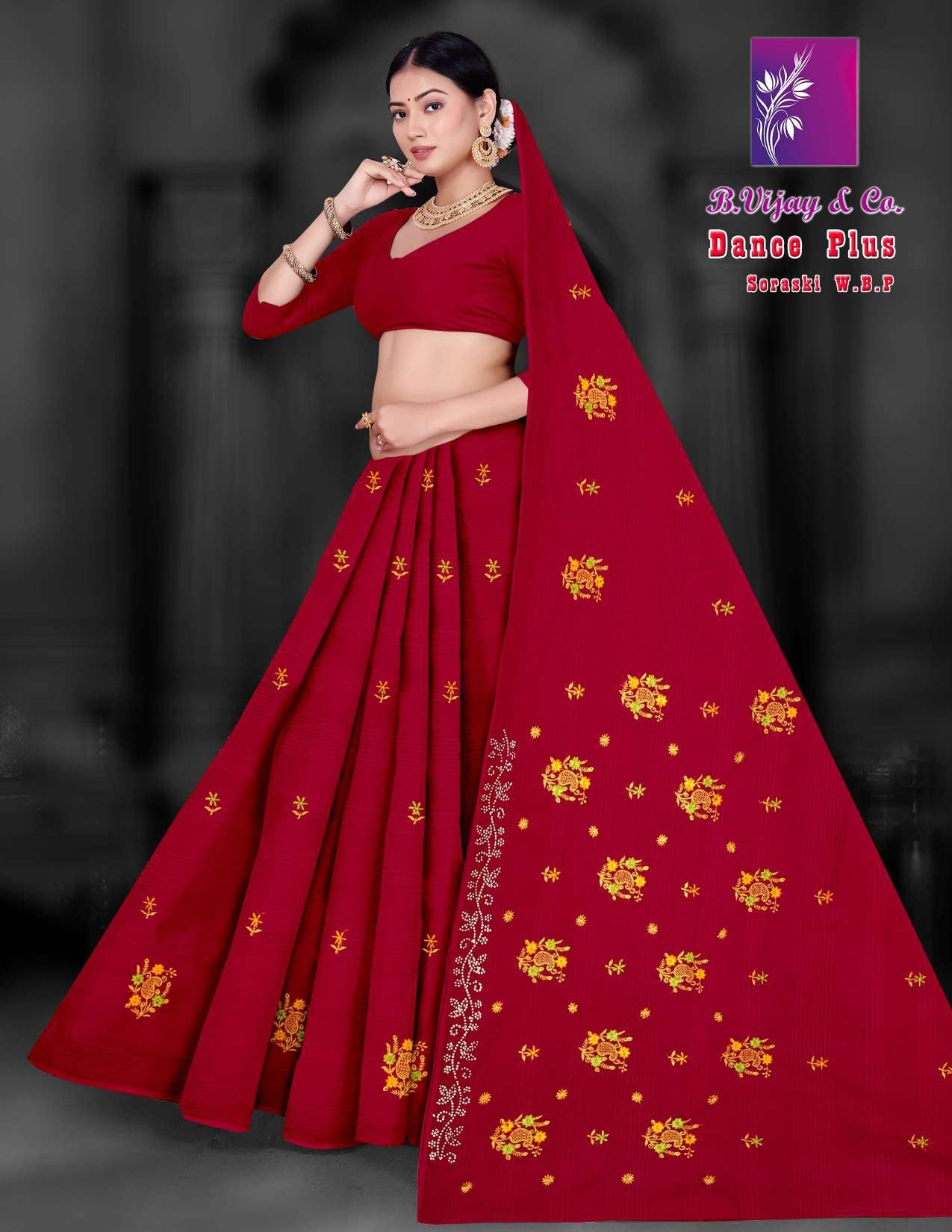 Dance Plus Cotton Saree with Elegant Embroidery Work – 8 Pcs Set -M.R. Saree Emporium