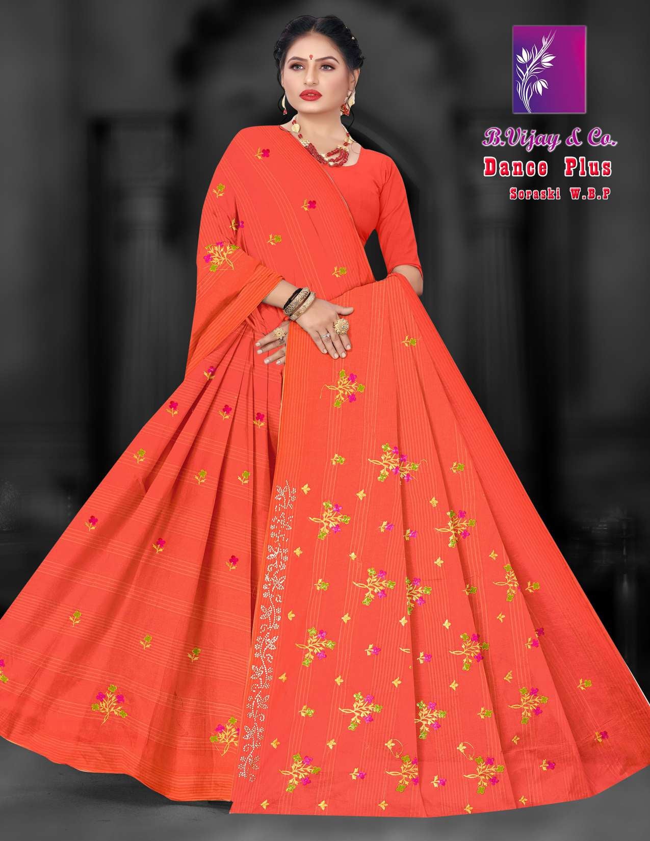 Dance Plus Cotton Saree with Elegant Embroidery Work – 8 Pcs Set -M.R. Saree Emporium