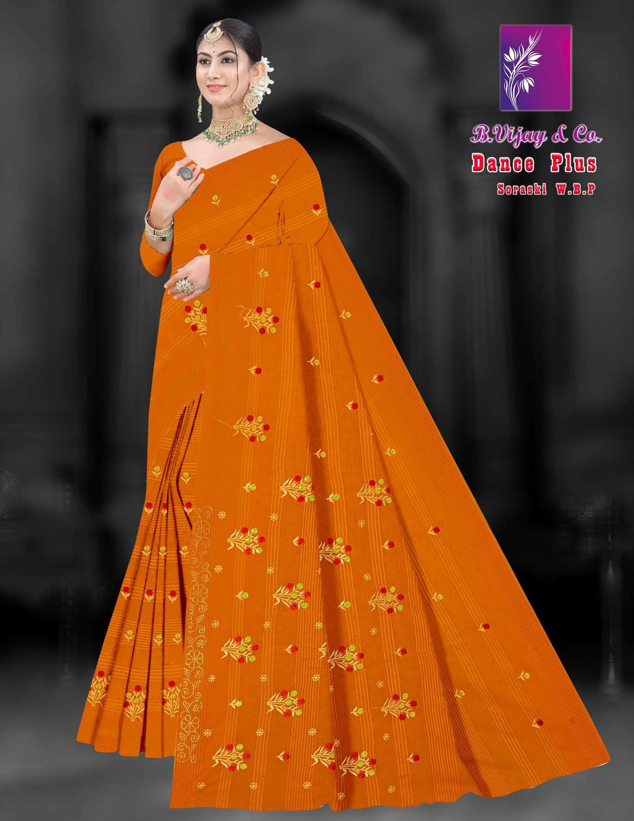 Dance Plus Cotton Saree with Elegant Embroidery Work – 8 Pcs Set -M.R. Saree Emporium