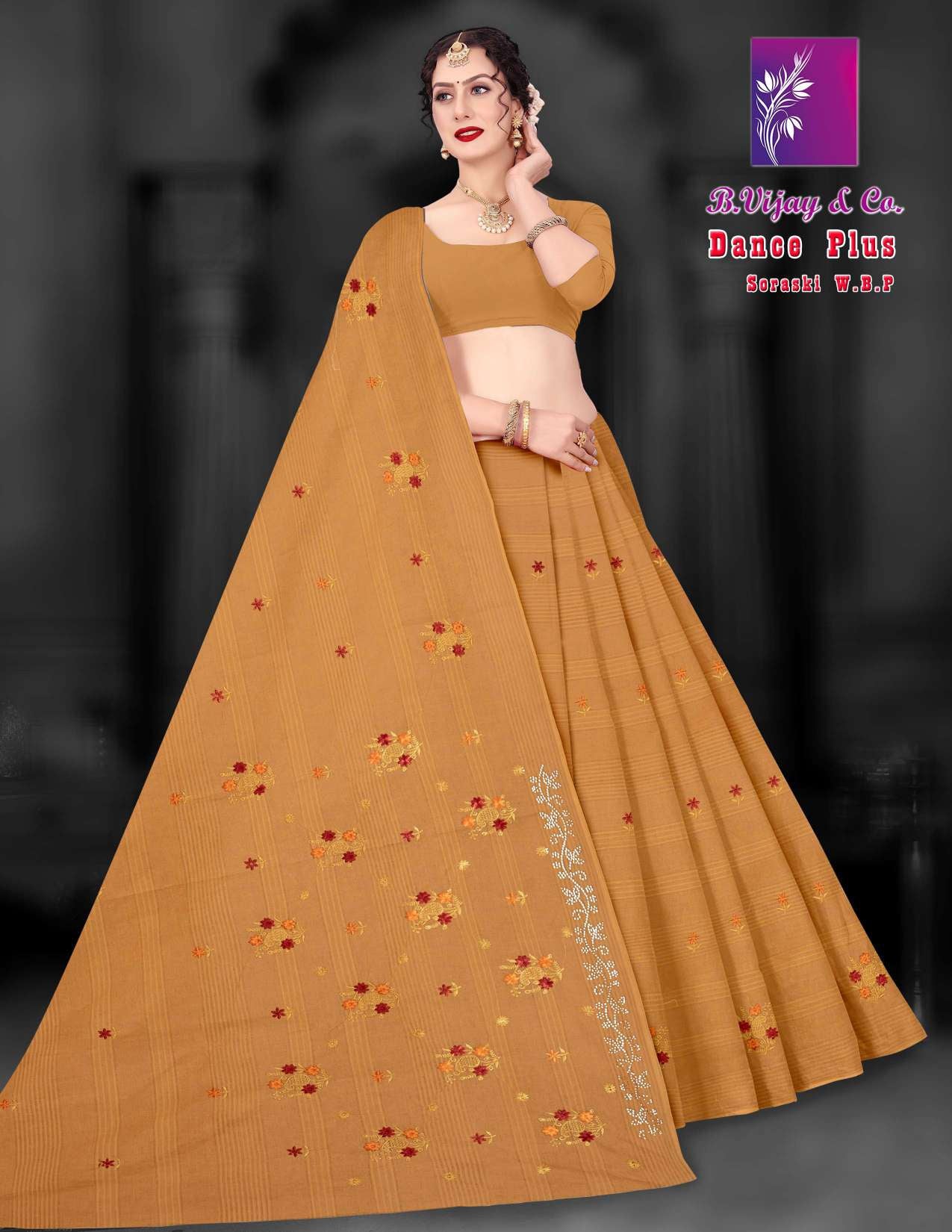 Dance Plus Cotton Saree with Elegant Embroidery Work – 8 Pcs Set -M.R. Saree Emporium