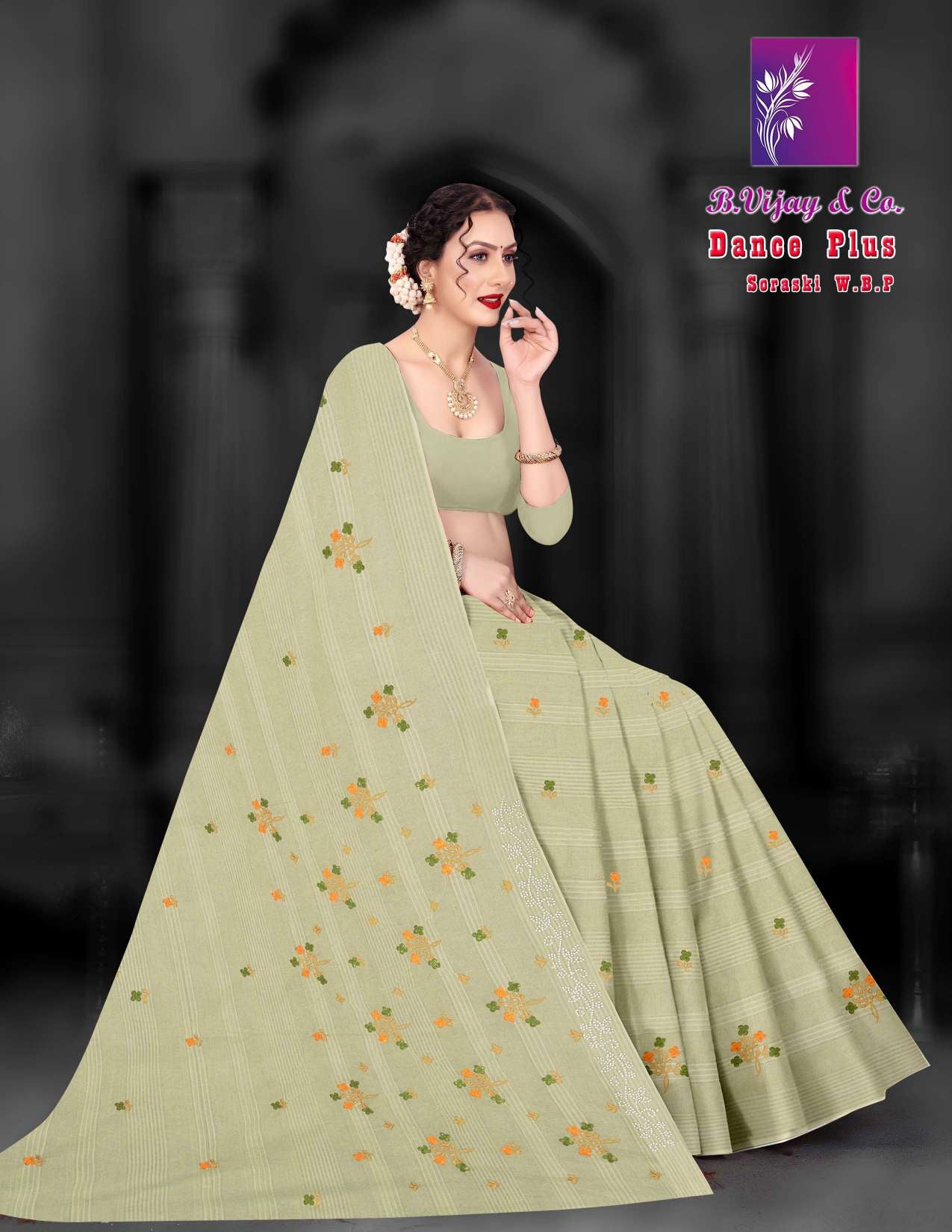 Dance Plus Cotton Saree with Elegant Embroidery Work – 8 Pcs Set -M.R. Saree Emporium