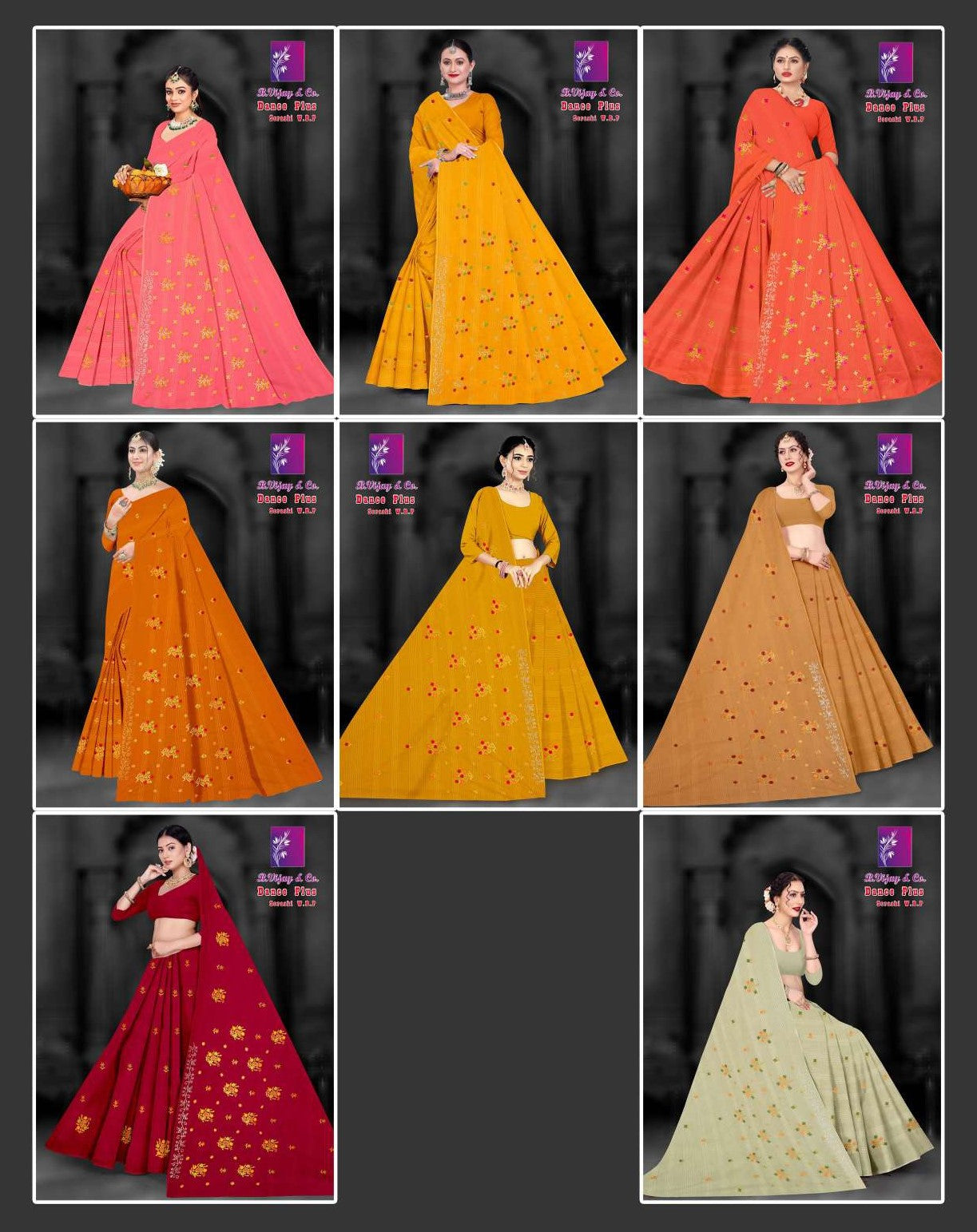 Dance Plus Cotton Saree with Elegant Embroidery Work – 8 Pcs Set -M.R. Saree Emporium