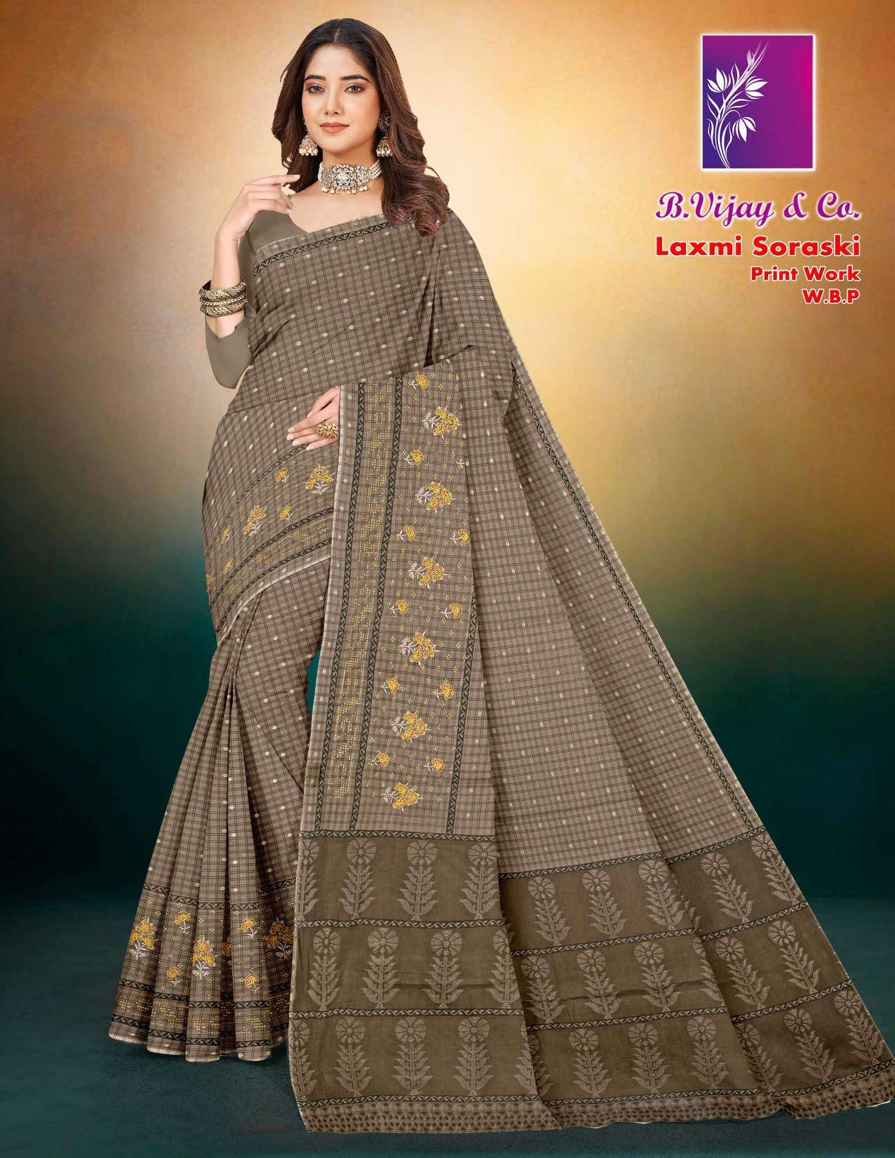 Laxmi Soraski Cotton Saree with Print Work – 8 Pcs Set -M.R. Saree Emporium