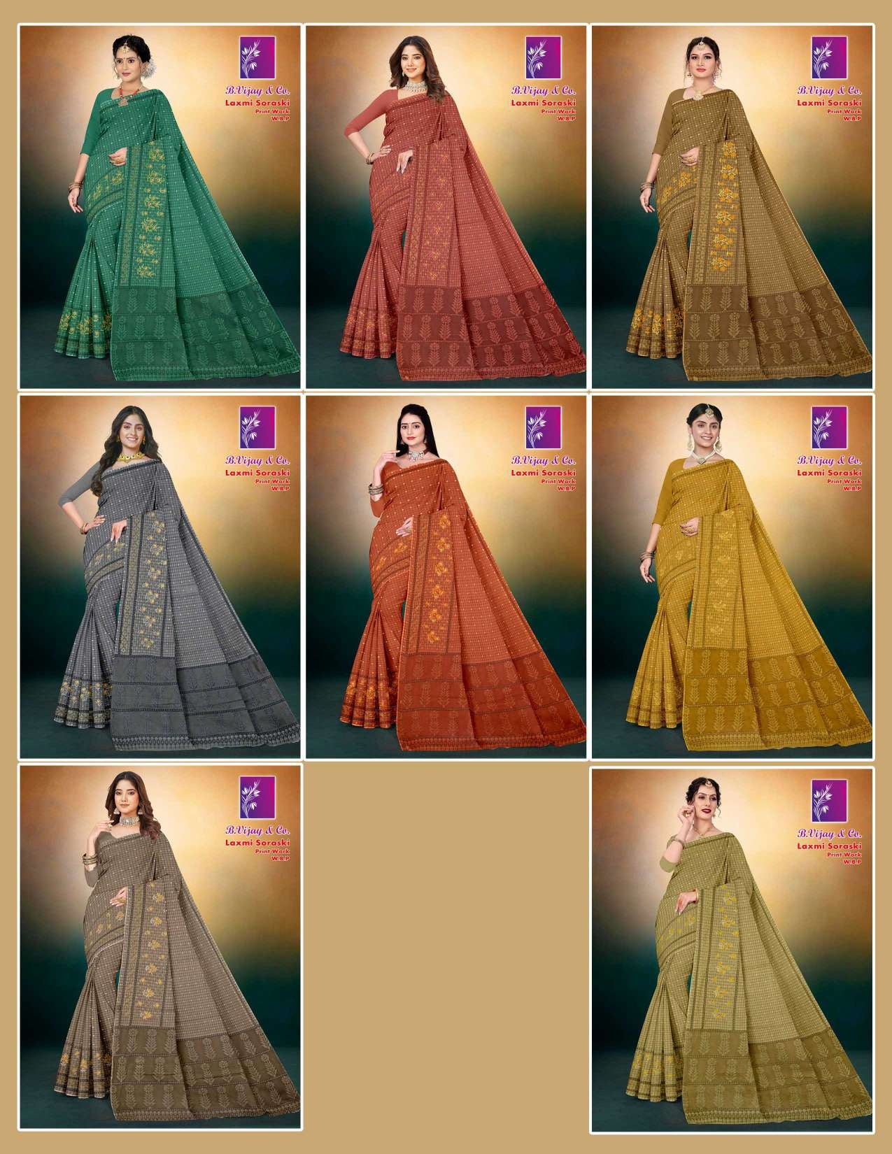 Laxmi Soraski Cotton Saree with Print Work – 8 Pcs Set -M.R. Saree Emporium