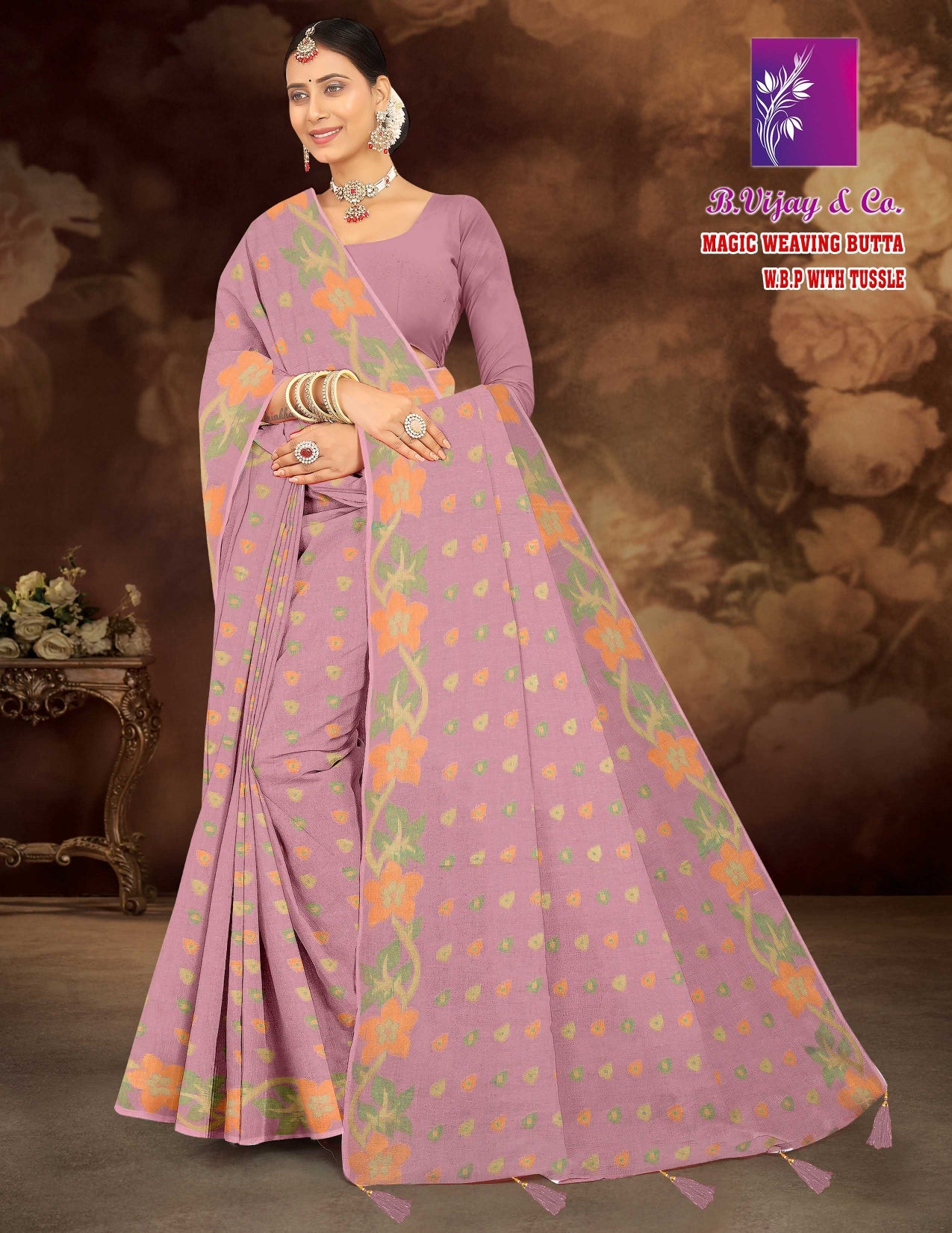 Magic Weaving Butta W.B.P With Tussle Saree – 4 Pcs Set-M.R. Saree Emporium