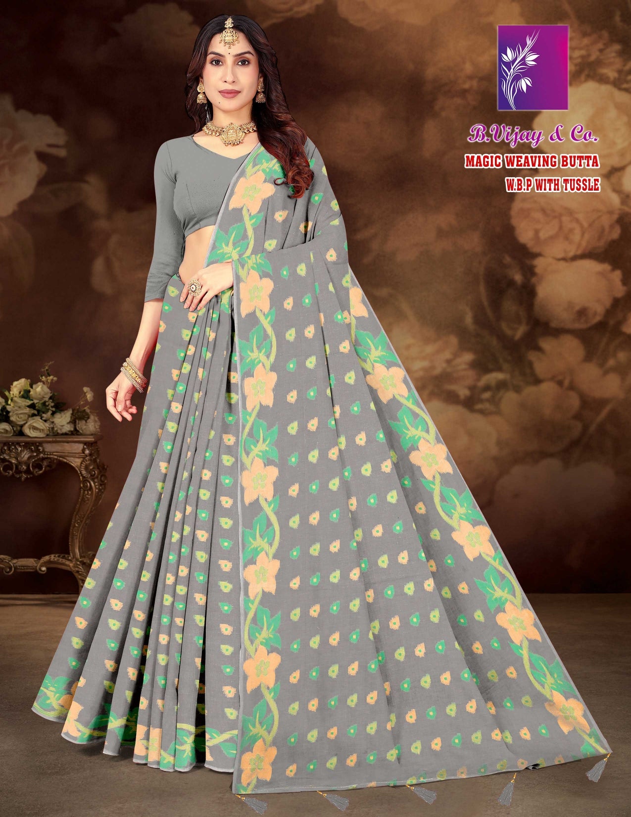 Magic Weaving Butta W.B.P With Tussle Saree – 4 Pcs Set-M.R. Saree Emporium
