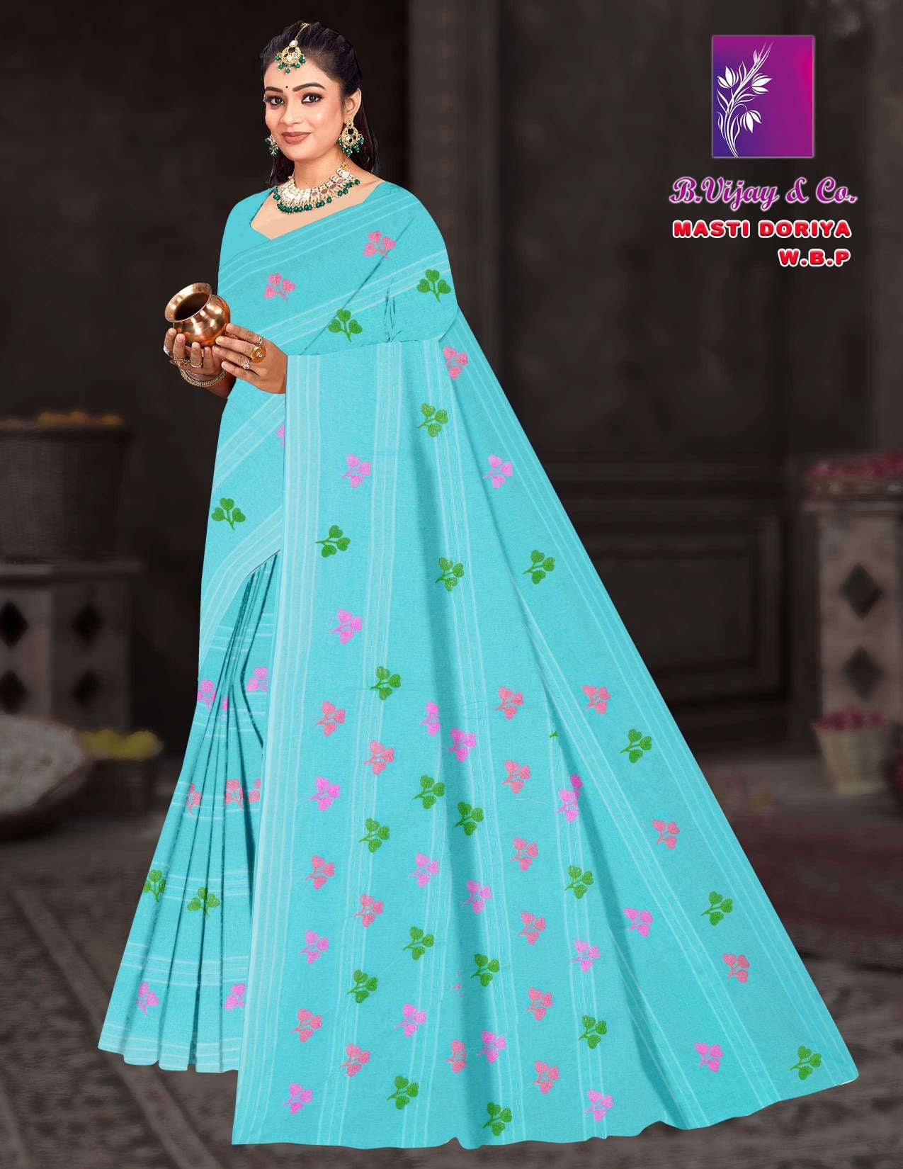 Pure Cotton Masti Doriya Saree with Floral Butta Print – 8 Pcs Set Soft & Comfortable Wear M.R. Saree Emporium