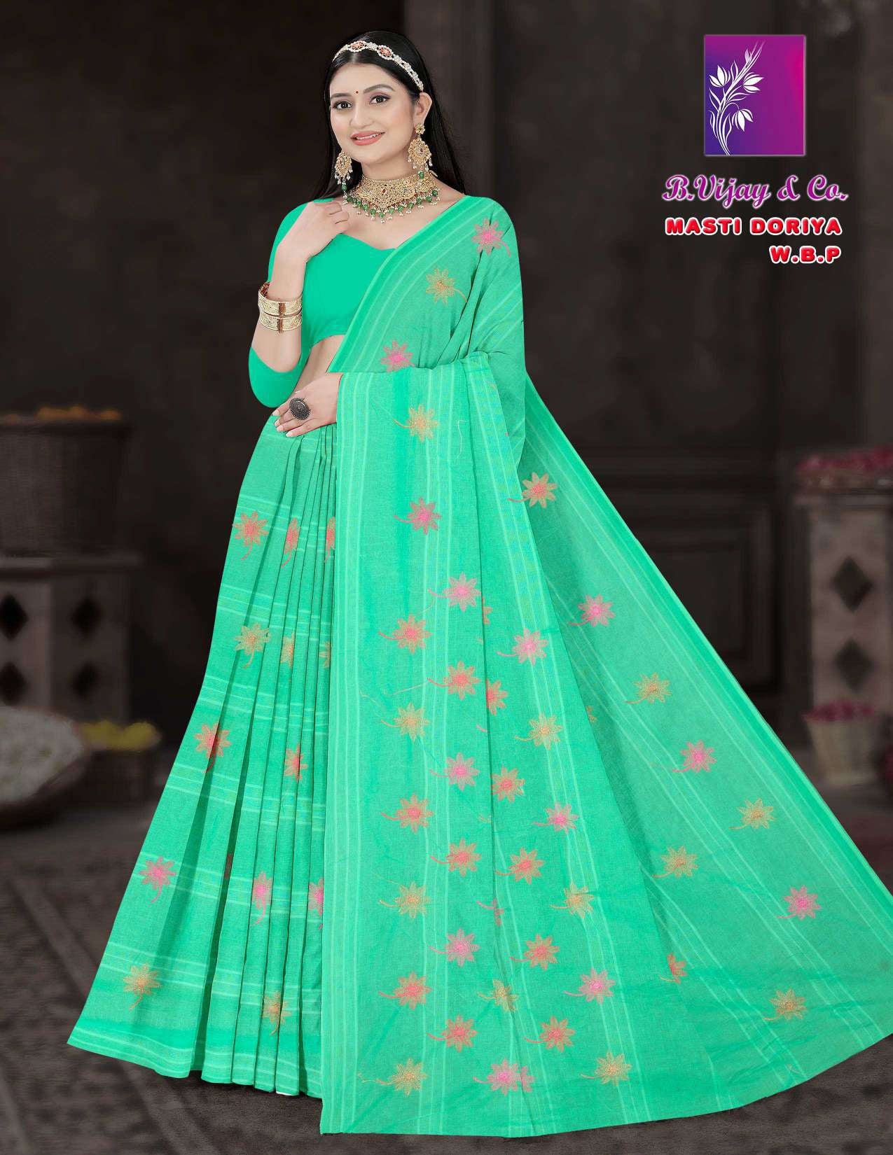 Pure Cotton Masti Doriya Saree with Floral Butta Print – 8 Pcs Set Soft & Comfortable Wear M.R. Saree Emporium