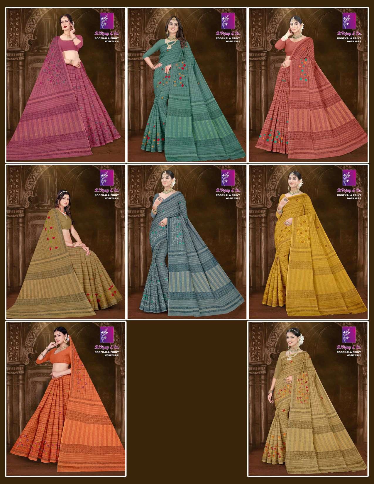 Roopkala Print Work W.B.P Cotton Saree – 8 Pcs Set-M.R. Saree Emporium