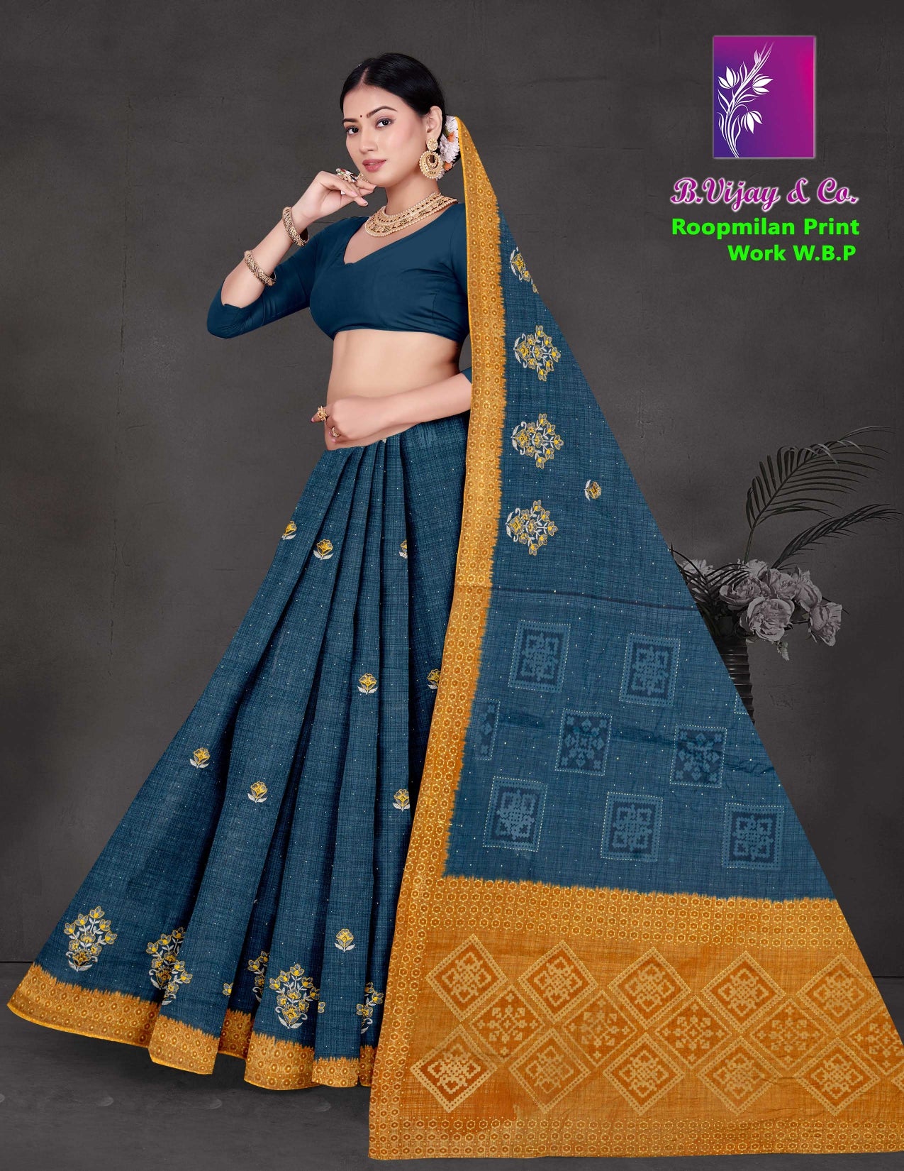 B. Vijay & Co. Roopmilan Print Work Saree – Cotton 8 Pcs Set-M.R. Saree Emporium