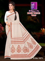 Pure Cotton Rose White W.B.P Saree with Traditional Print & Rich Border Elegant Daily to Festive Wear -M.R. Saree Emporium