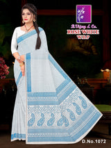 Pure Cotton Rose White W.B.P Saree with Traditional Print & Rich Border Elegant Daily to Festive Wear -M.R. Saree Emporium