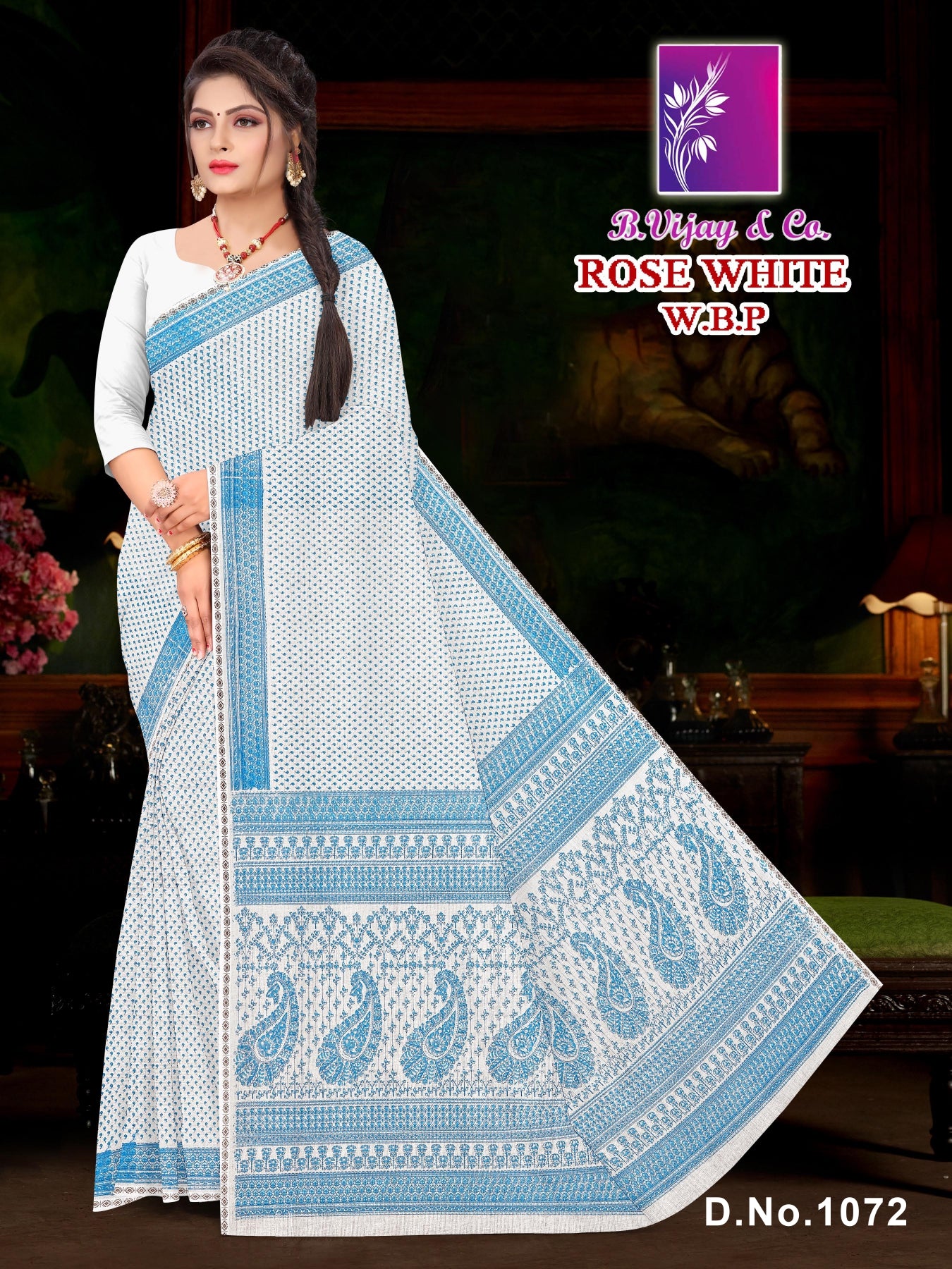 Pure Cotton Rose White W.B.P Saree with Traditional Print & Rich Border Elegant Daily to Festive Wear -M.R. Saree Emporium