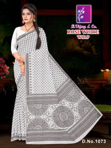 Pure Cotton Rose White W.B.P Saree with Traditional Print & Rich Border Elegant Daily to Festive Wear -M.R. Saree Emporium