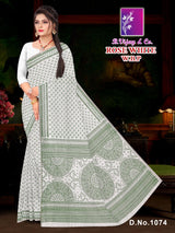 Pure Cotton Rose White W.B.P Saree with Traditional Print & Rich Border Elegant Daily to Festive Wear -M.R. Saree Emporium