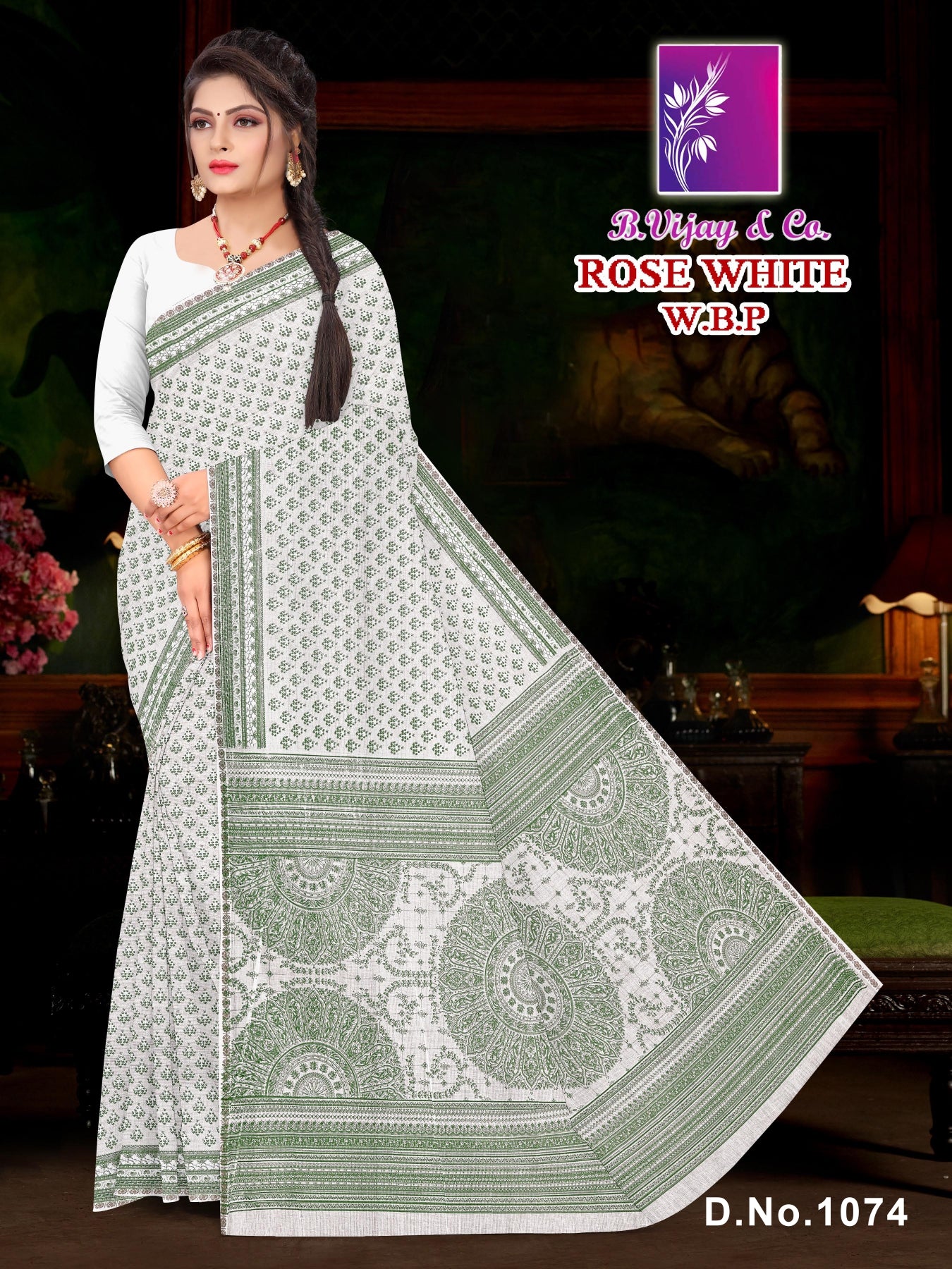 Pure Cotton Rose White W.B.P Saree with Traditional Print & Rich Border Elegant Daily to Festive Wear -M.R. Saree Emporium